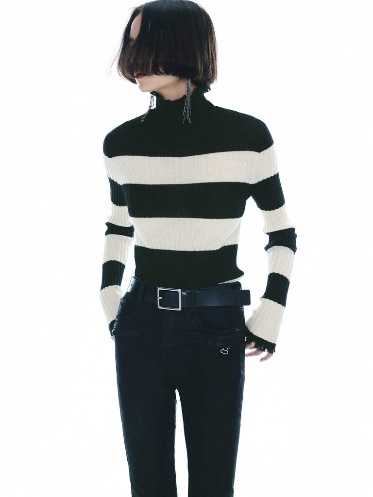 MO&Co. Noir Women's Include Mohair Wool Turtleneck Striped Top with Raw Neckline, cuffs and Hem