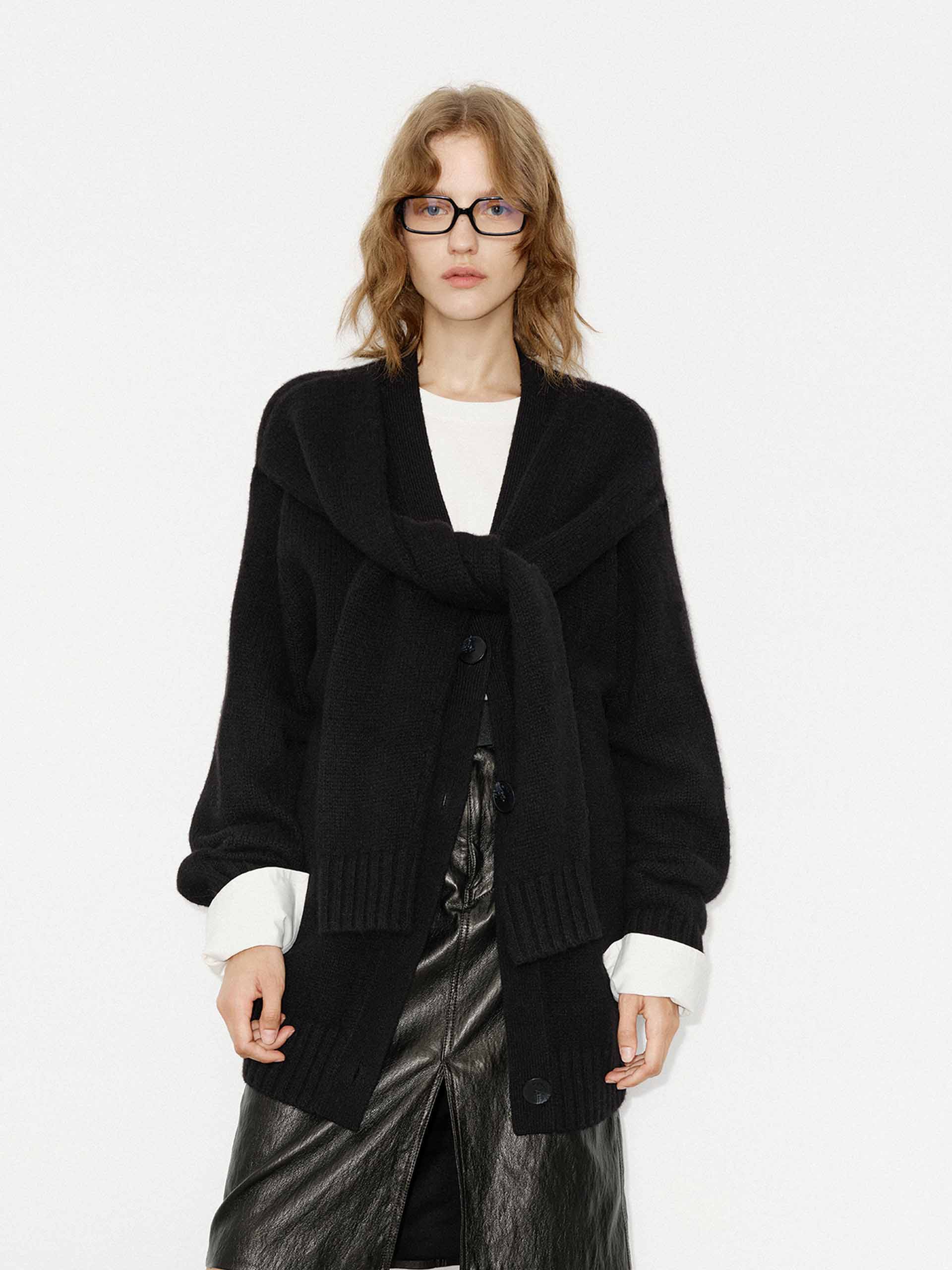 MO&Co. Women's Wool and Alpaca Blend Layered Oversized Cardigan in Black