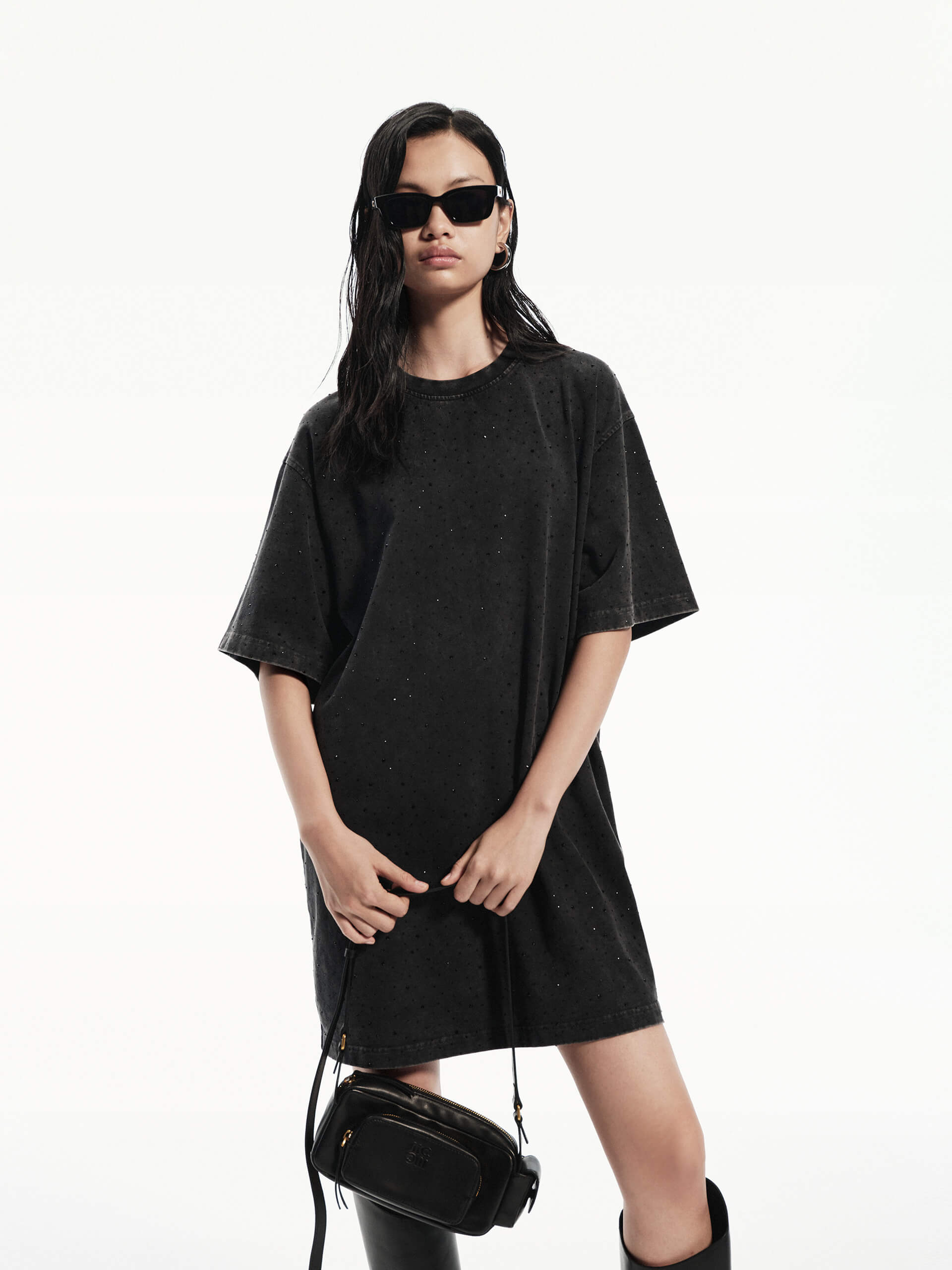 MO&Co. Women's Rhinestone Detail Pure Cotton Oversized Tee Dress