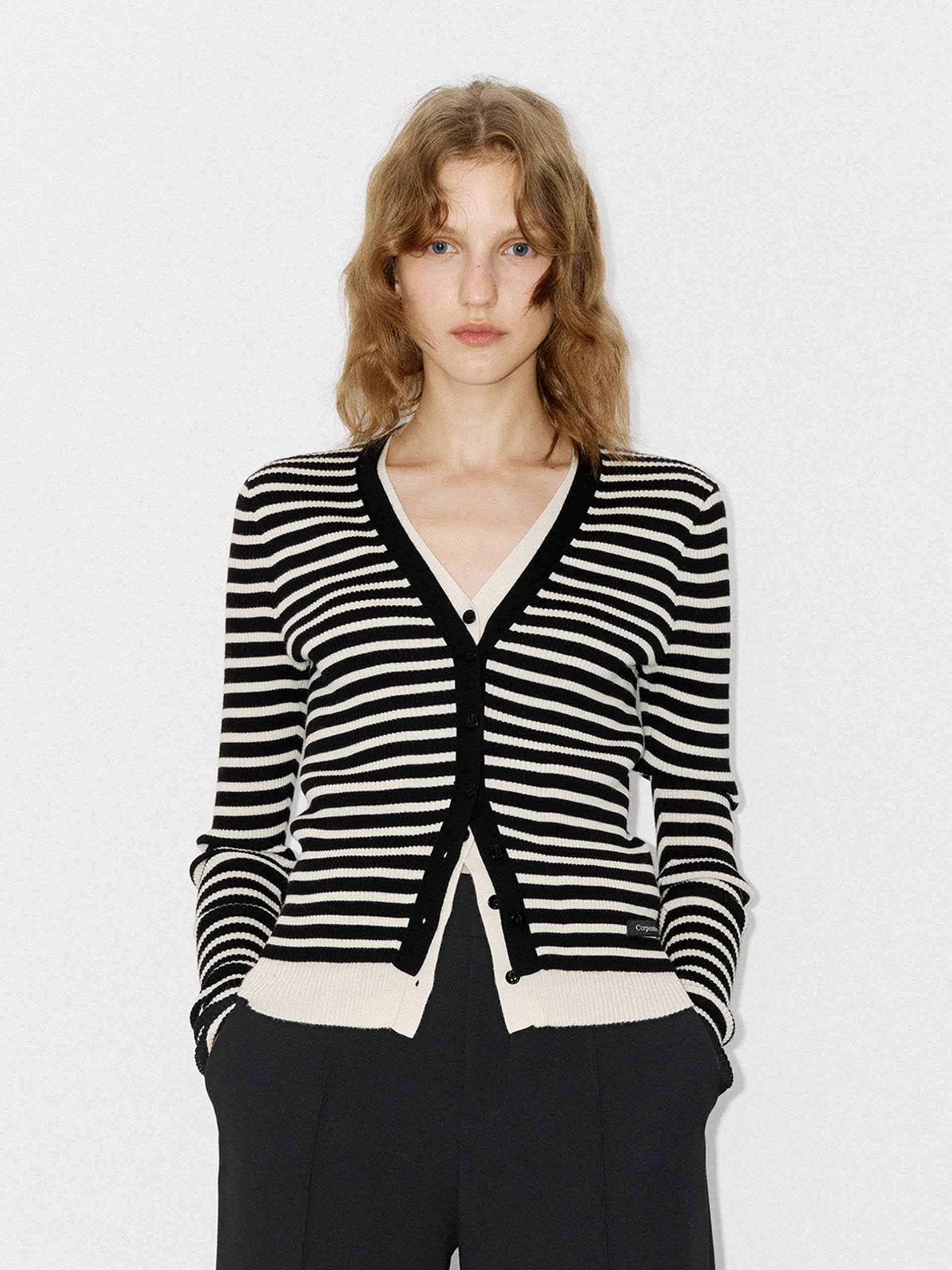 MO&Co. Women's Contrast Layered Detail V-neck Tight Fit Wool Blend Cardigan in Striped