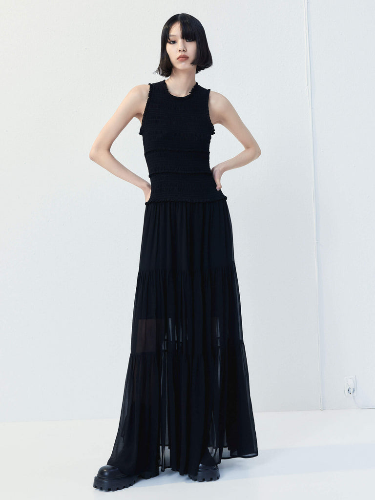 MO&Co. Women's Black Sleeveless Smocked Maxi Dress