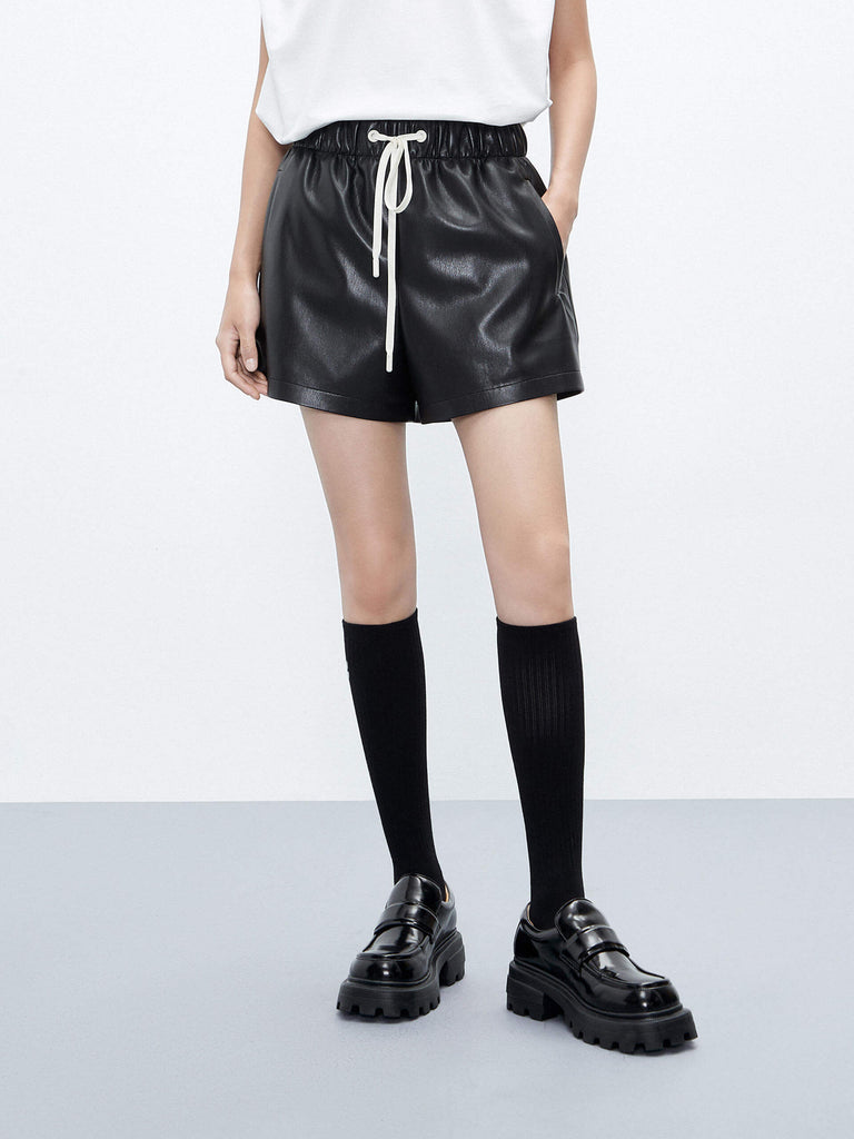 MO&Co. Women's Faux Leather Solid Color Casual Drawstring Shorts in Black 