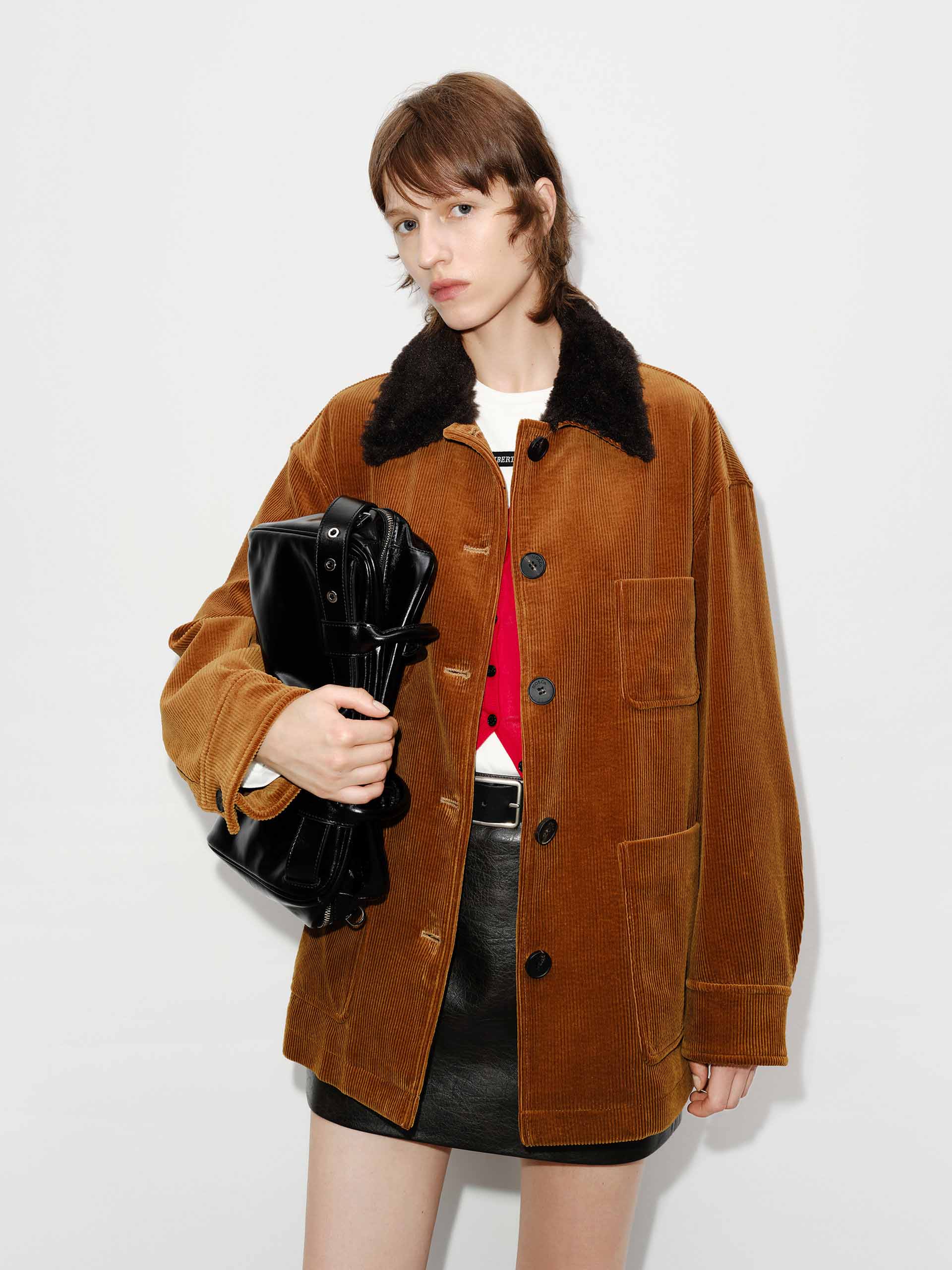MO&Co. Women's Contrast Collar Pure Cotton Corduroy Michigan Coat in Brown