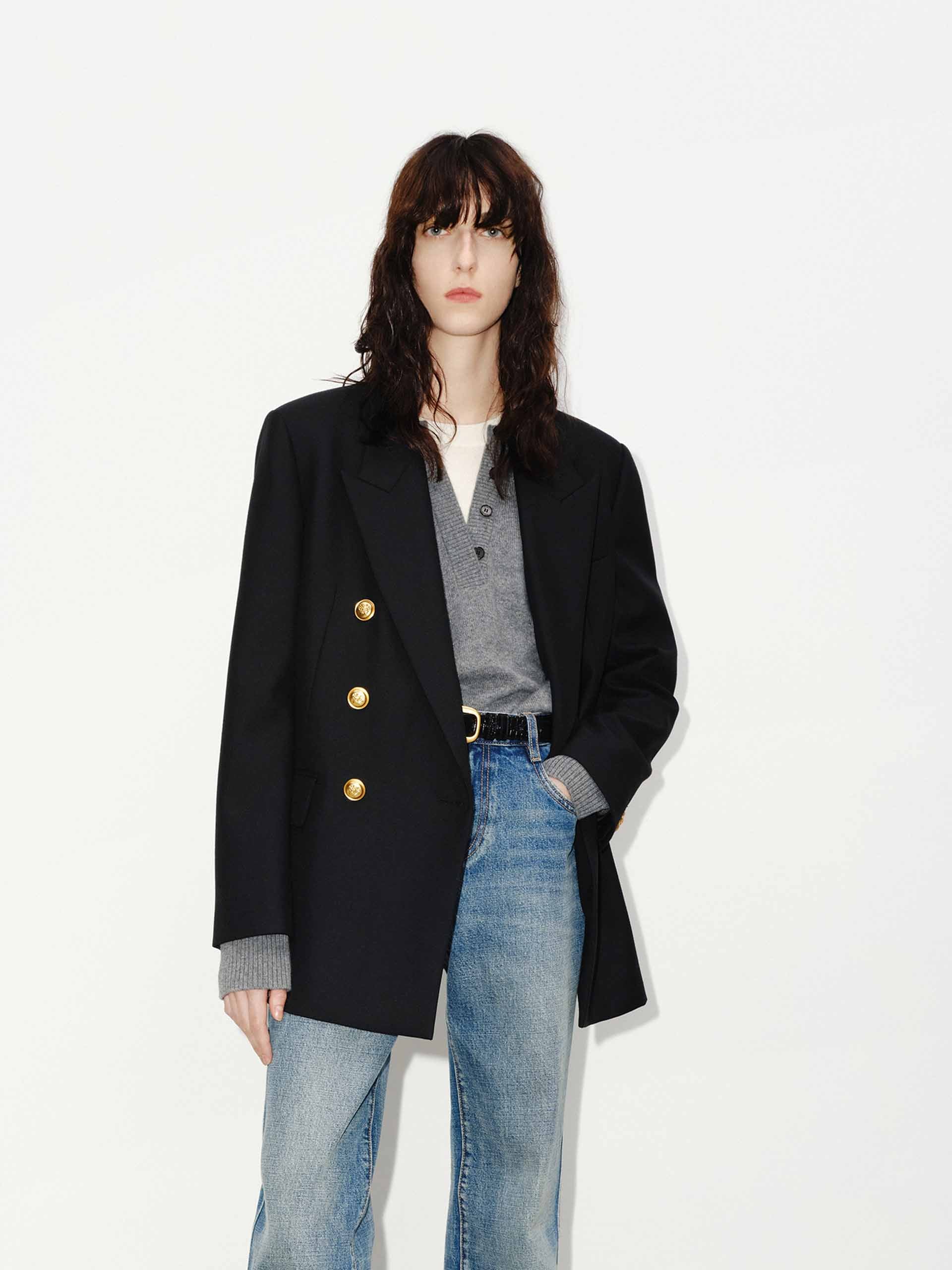 MO&Co. Women's Metallic Button Peak Lapel Structured Blazer Wool Blend in Black