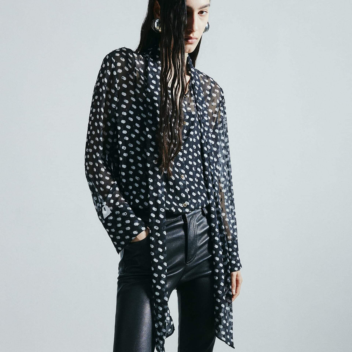 Women's Black Slim Fit Polka Dots Printed Satin Casual Shirt