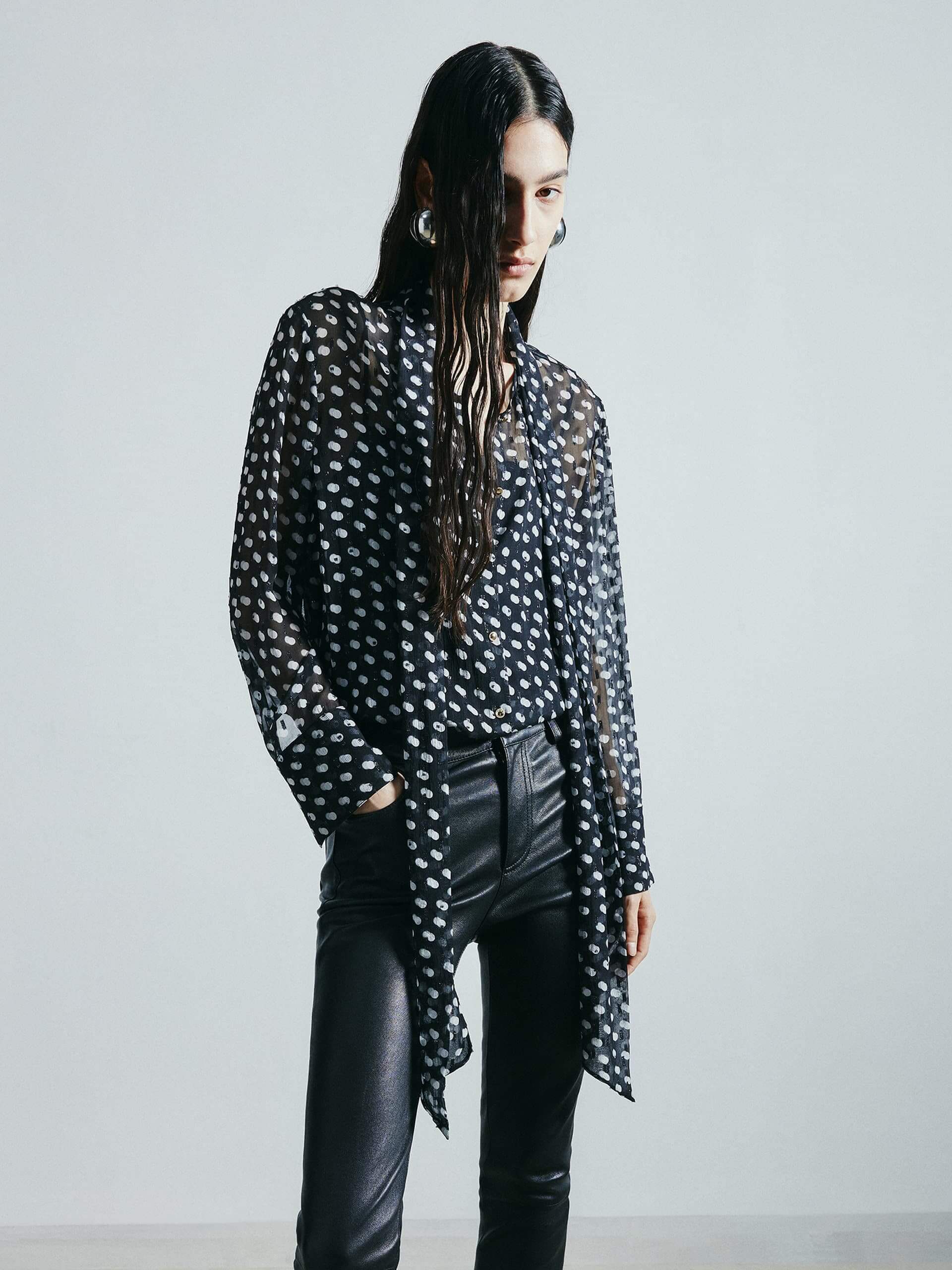 MO&Co. Noir Women's Polka Dot Long Sleeves Silk Shirt
