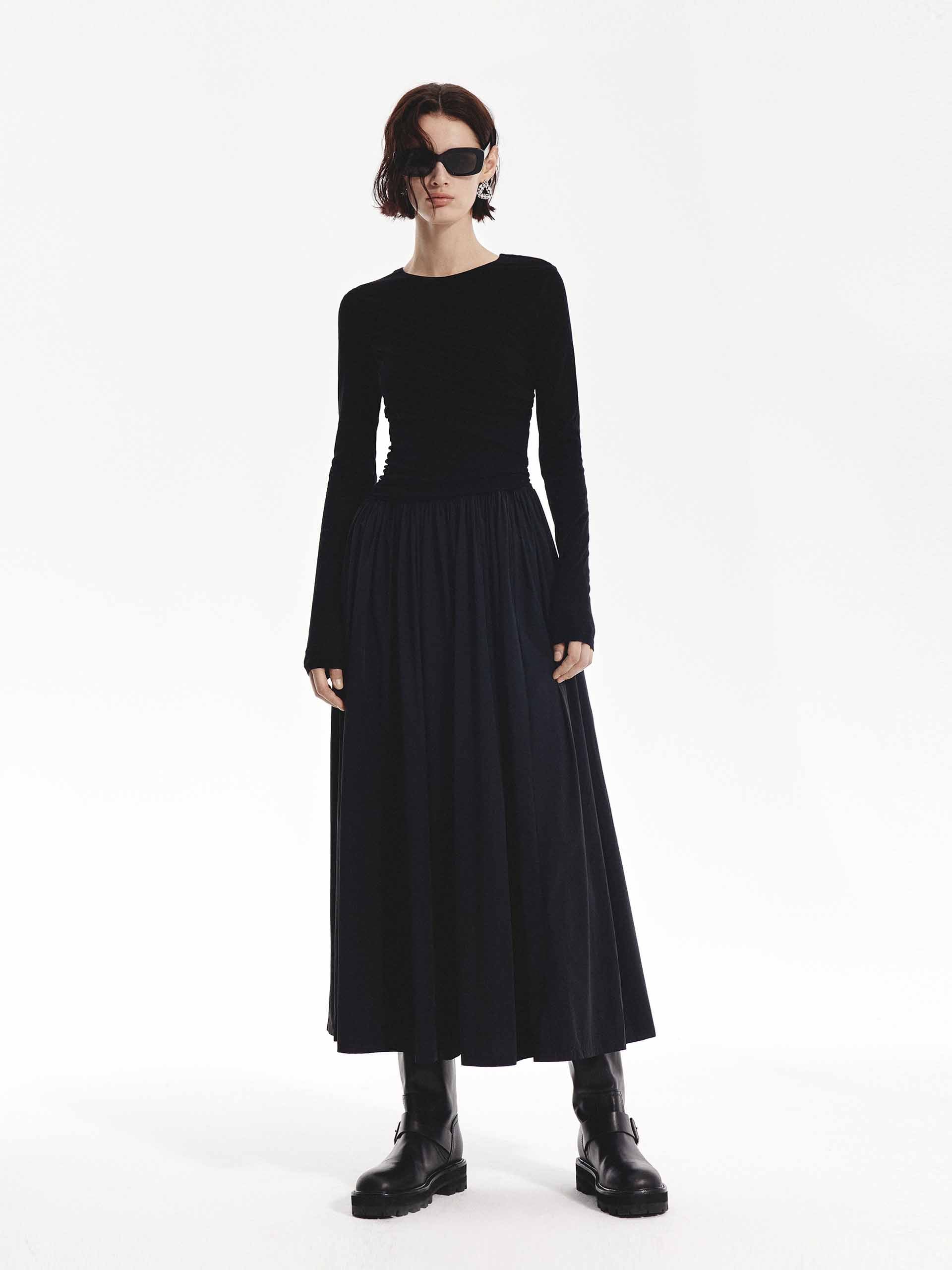 MO&Co. Women's Long Sleeves Paneled Midi Dress in Black