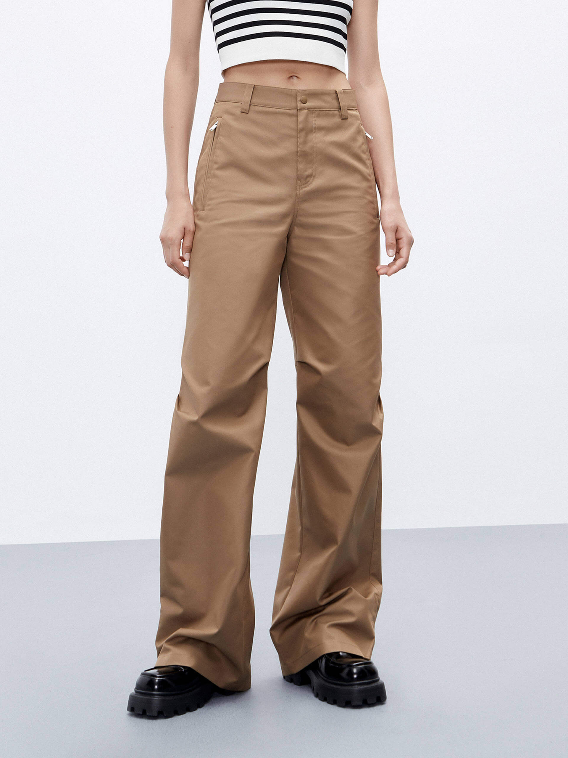 MO&Co. Women's High Waisted Knee Pleated Straight Pants Urbancore in Camel
