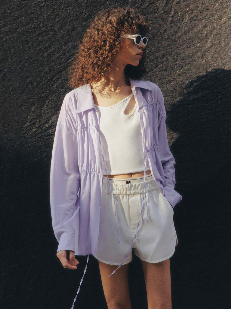 MO&Co. Women's Cotton Silk Blend Cutout Oversized Lightweight Shirt for Summer in Purple
