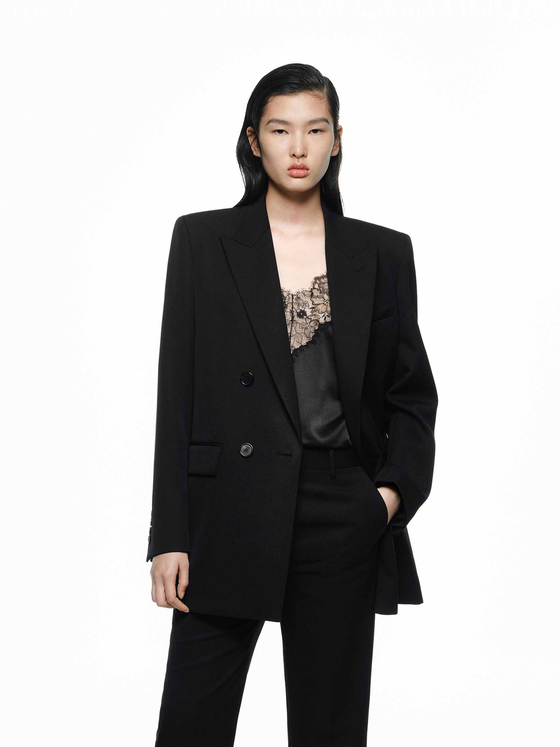 MO&Co. Women's Merino Wool Structured Formal Blazer in Black