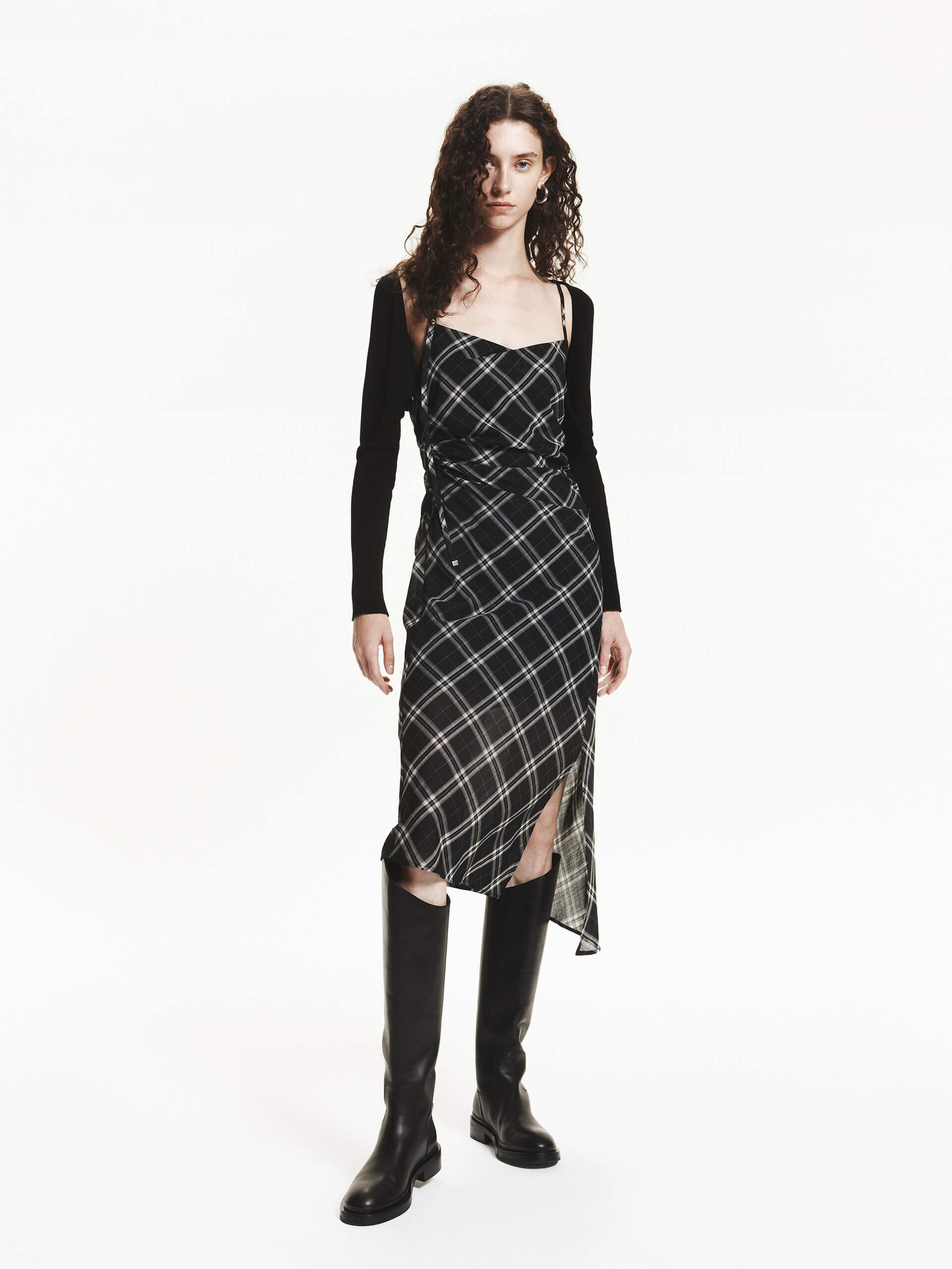 MO&Co. Women's Plaid Pattern Cami Dress Slit Detailed in Black with Gathered Waist Details