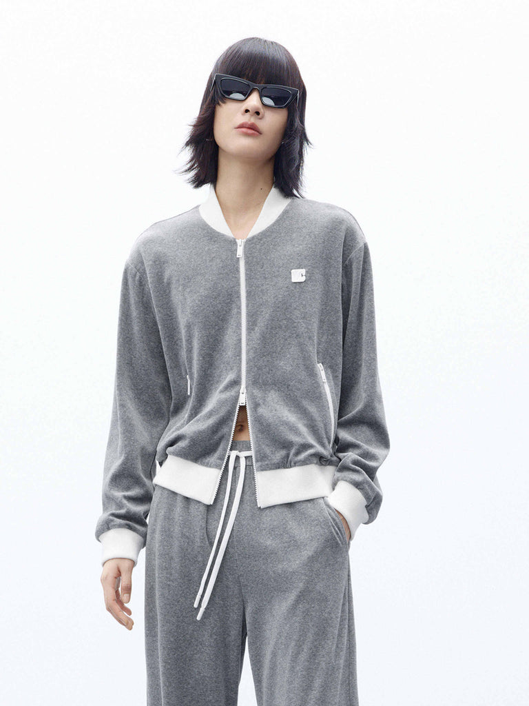 MO&Co. Women's Regular Fit Contrast Detail Velvet Bomber Jacket in Grey
