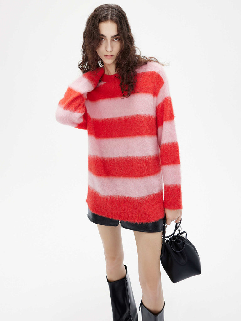 MO&Co. Women's Loose Striped Fluffy Knit Sweater Alpaca Fleece Blend in Pink and Red