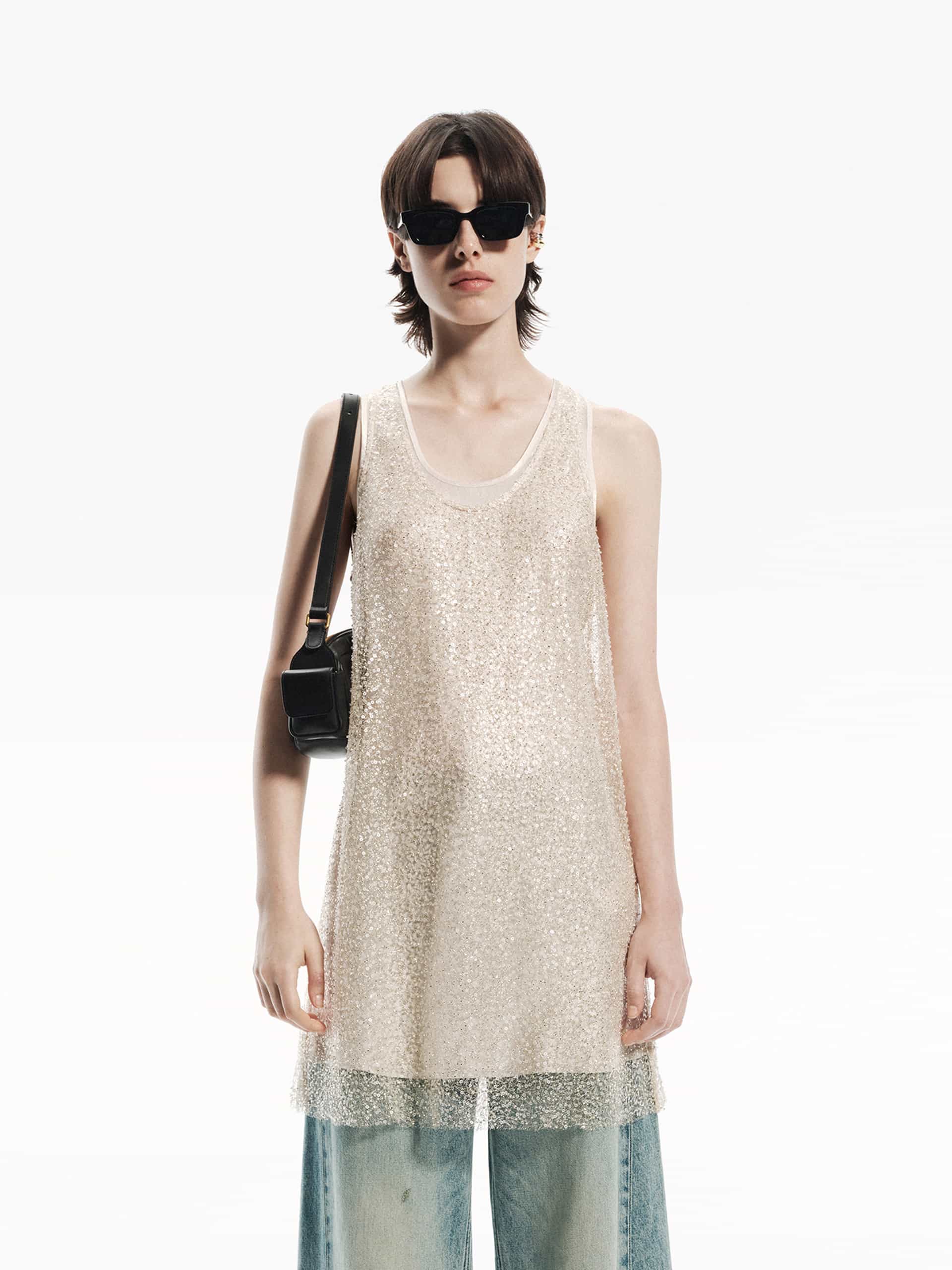 MO&Co. Women's Layered Detail Mini Sequin Dress in Champagne