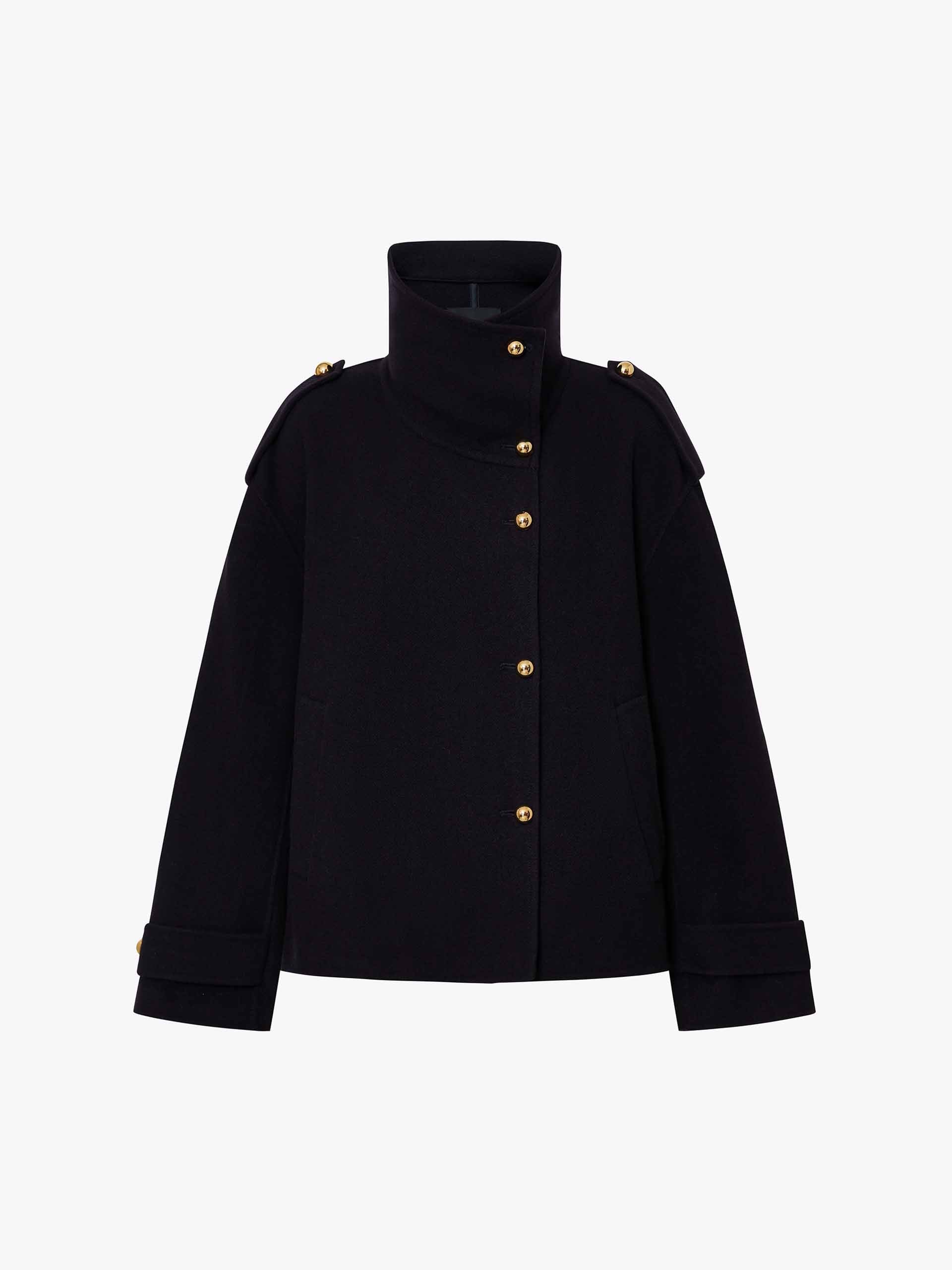 MO&Co. Women's Metallic Button Stand Collar Wool Short Coat in Navy