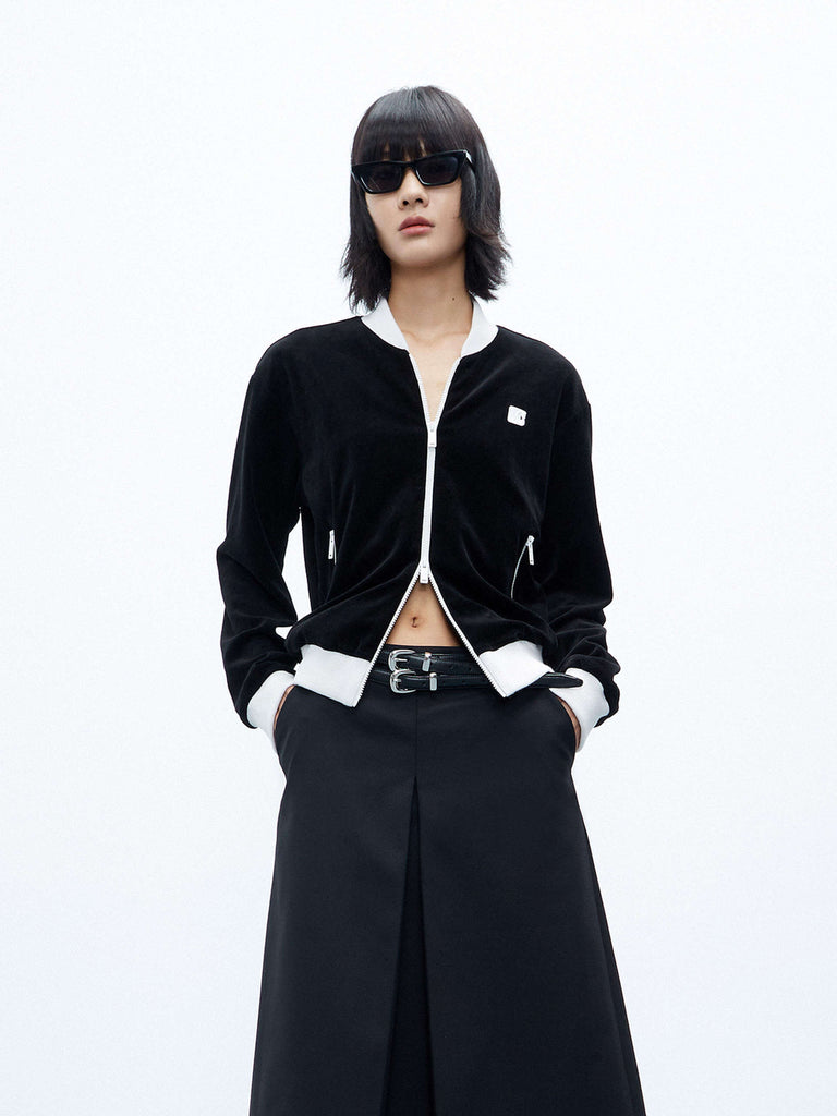 MO&Co. Women's Regular Fit Contrast Detail Velvet Bomber Jacket in Black
