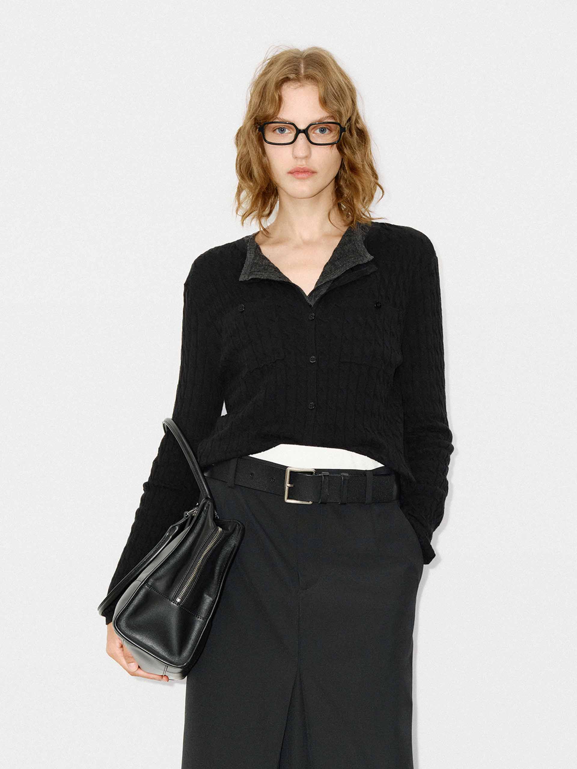 MO&Co. Women's Button Closure 100% Wool Cable Knit Fall Cardigan in Black