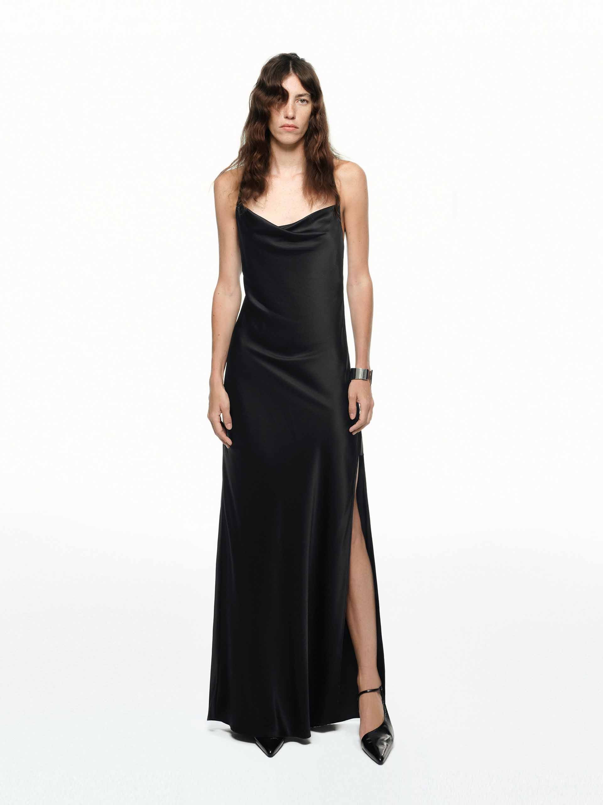 MO&Co. Women's Silk Backless Spaghetti Black Maxi Dress Slit Detail