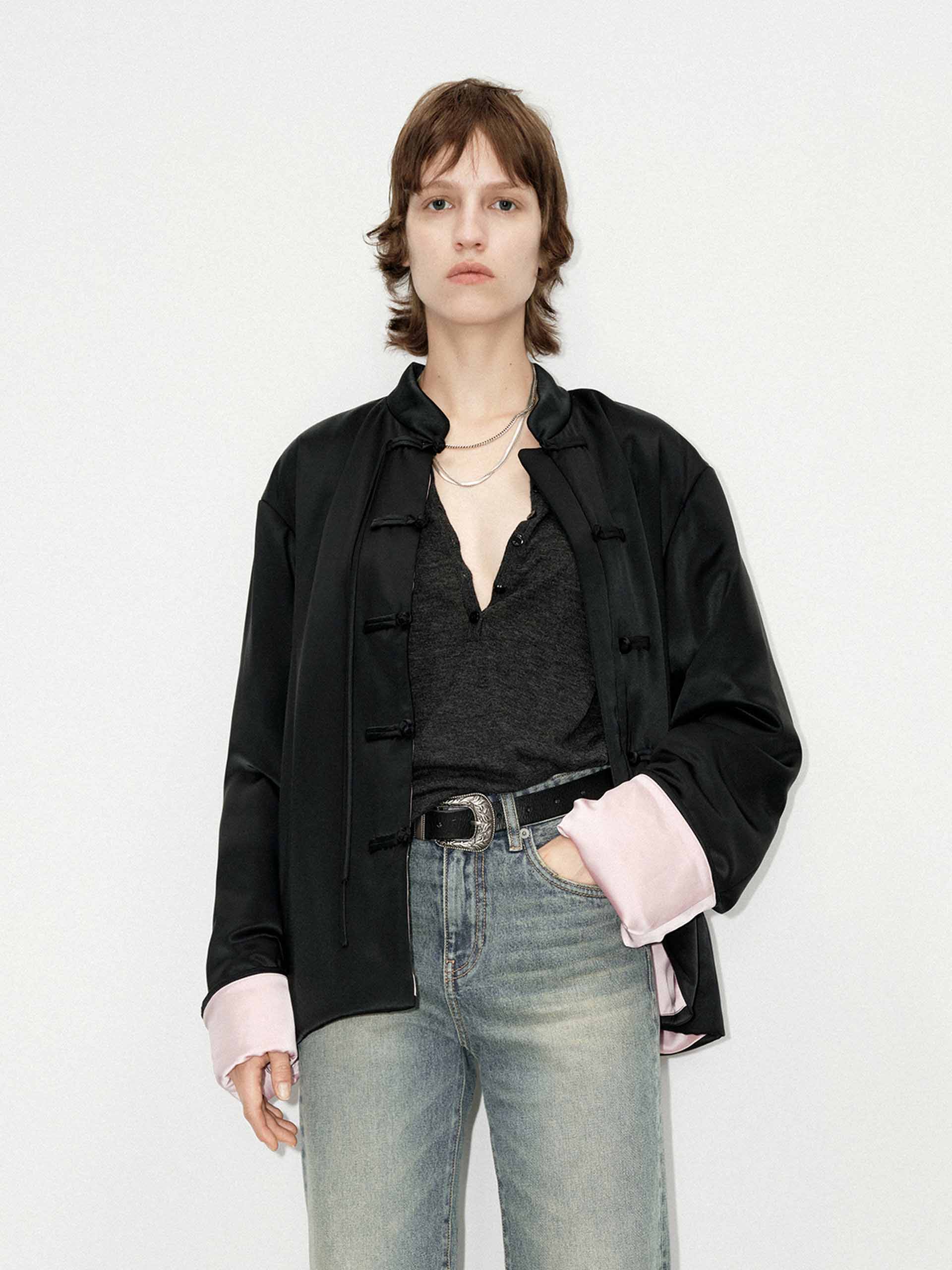 MO&Co. Women's Acetate Blend Cheongsam Button Neo-chinese Quilted Coat in Black