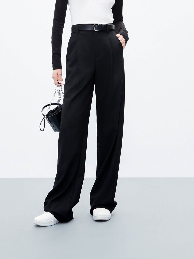 MO&Co. Women's Black Wool Blend Wide Leg Trousers with Belt