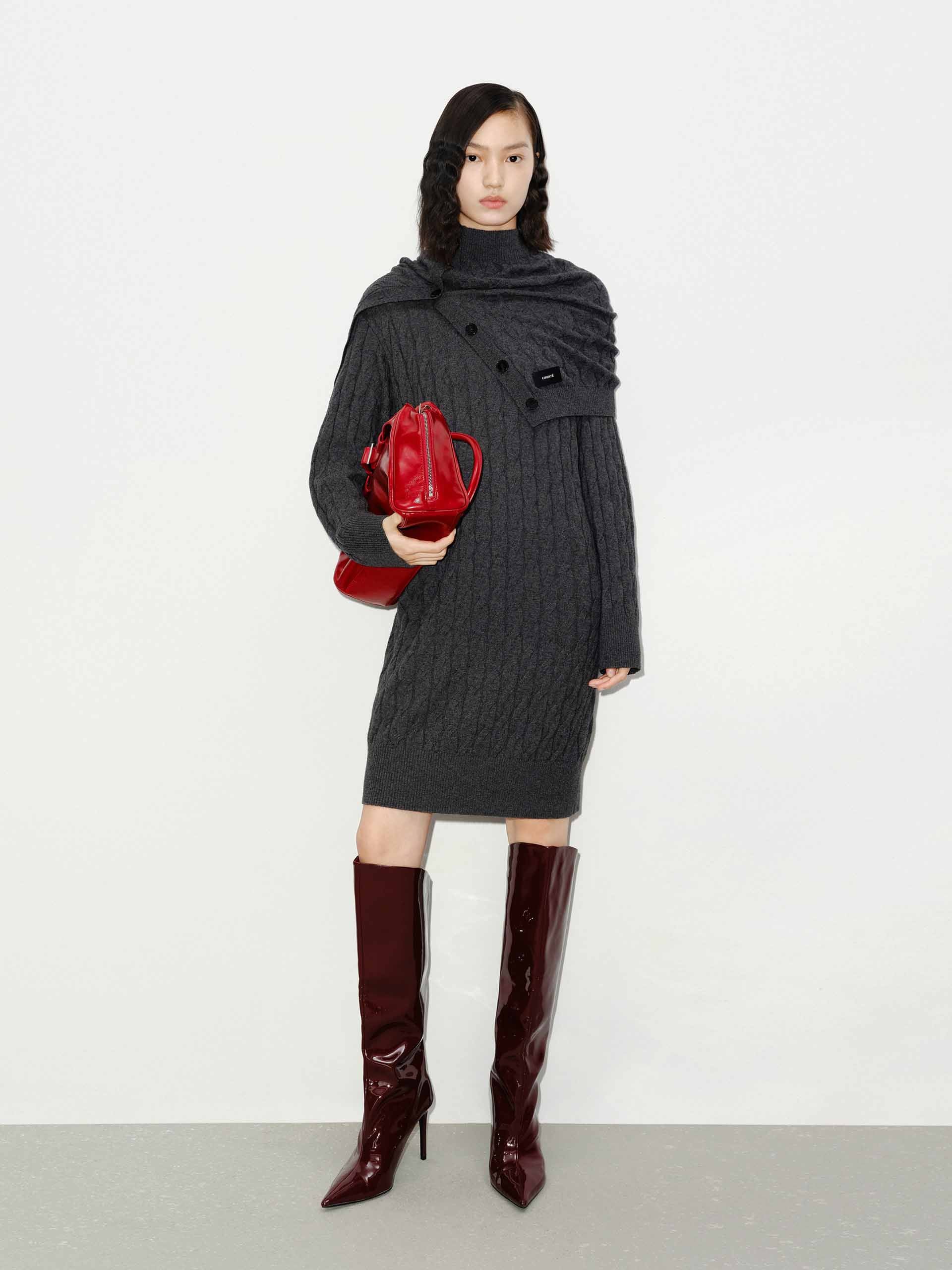 MO&Co. Women's Wool Cashmere Midi Cut Cable Knit Dress in Grey with Layers