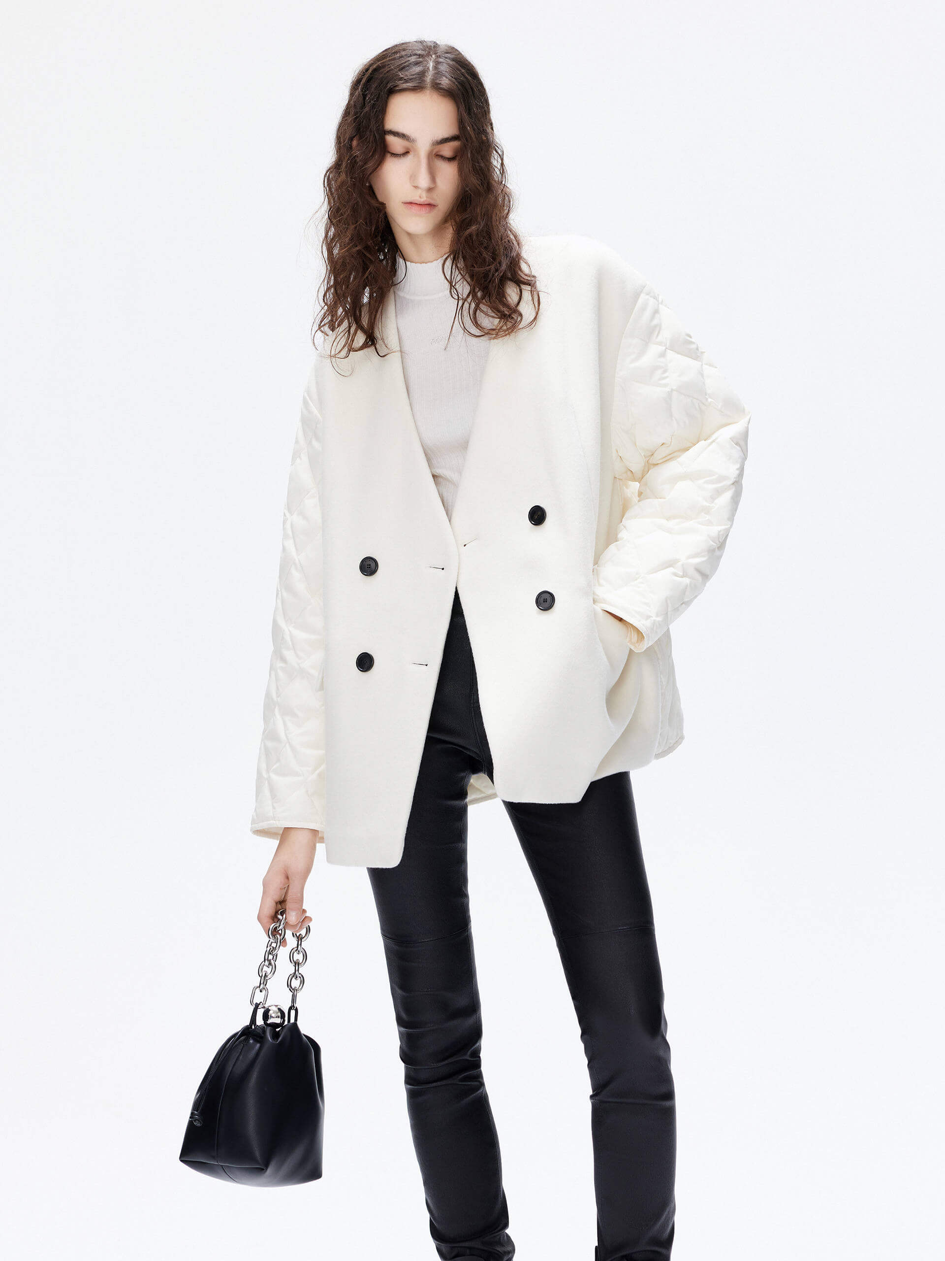 MO&Co. Women's V-neck Quilted Shell Wool Blend Jacket in White, featuring a button closure and flap pocket design. Wool panel front , quilted shell sleeves and back add a unique touch and extra warmth.