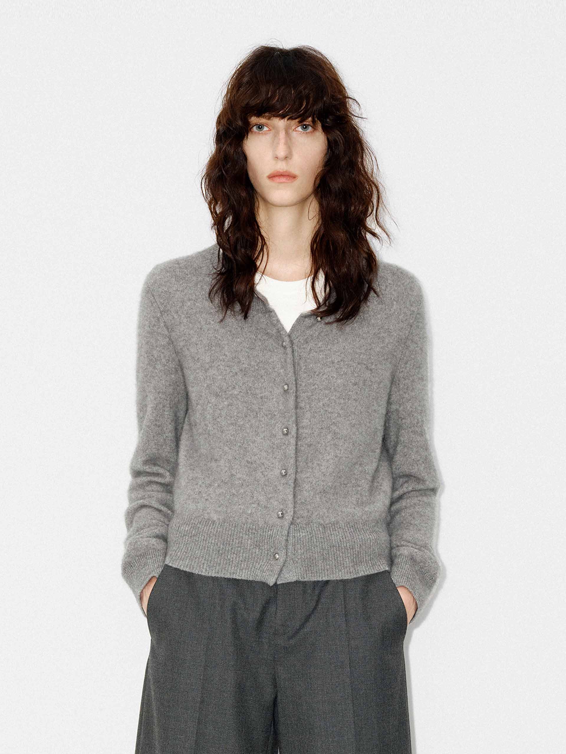 MO&Co. Women's Wool Blend Button Down Crew Neck Fluffy Cardigan in Grey