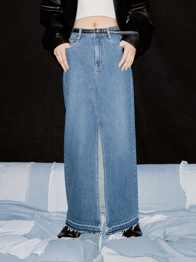 MO&Co. Women's Blue Front Slit Maxi Denim Skirt in Cotton