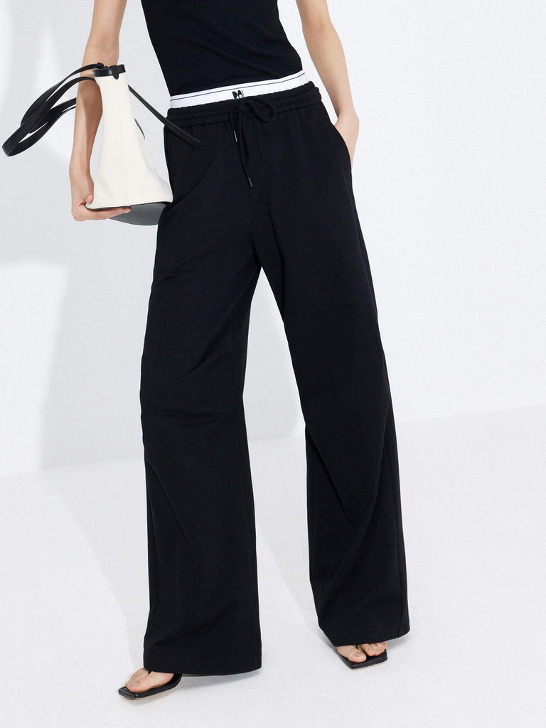 MO&Co. Women's Double Waistband Wide-leg Casual Trousers in Cotton - Black. Made from breathable cotton fabric, these sweatpants offer a relaxed, stylish fit complete with wide legs & slant pockets. Contrast double waistbands & letter details give them added style.
