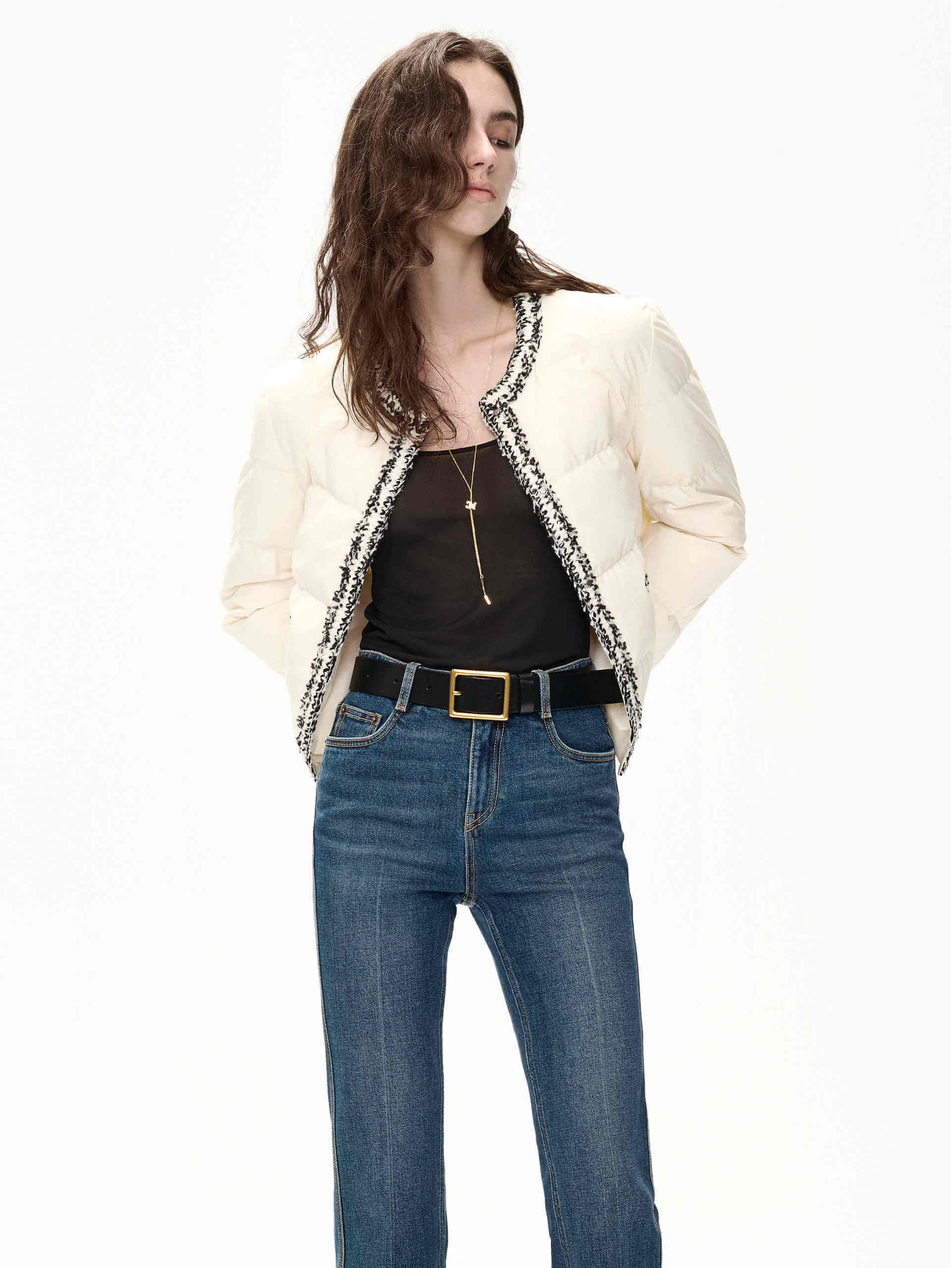 MO&Co. Women's Crochet Details Collarless Puffer Jacket in Beige