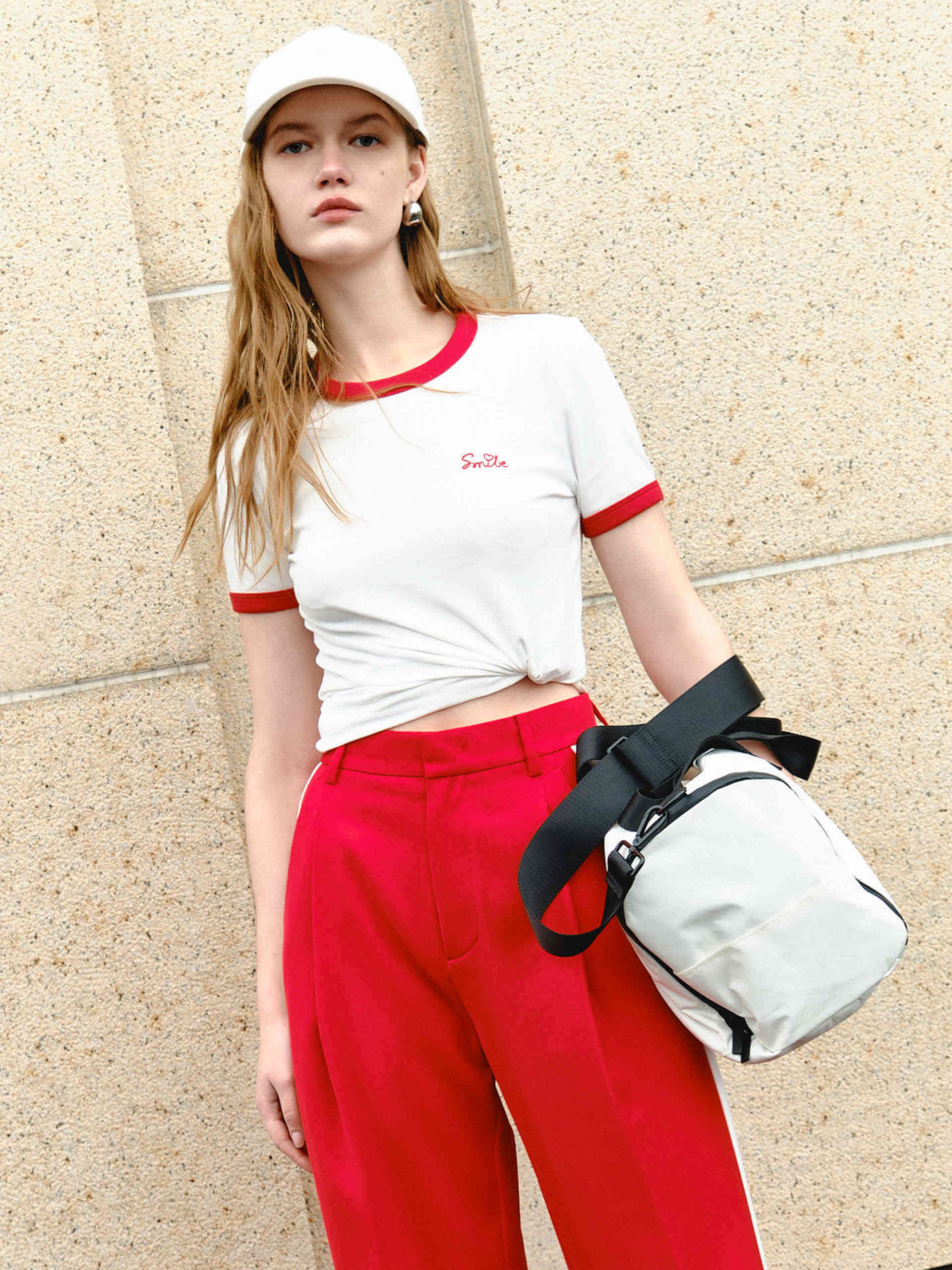 MO&Co. Women's Contrast Trim Cotton Blend Slim Fit Letter Embroidery T-shirt for Summer in White