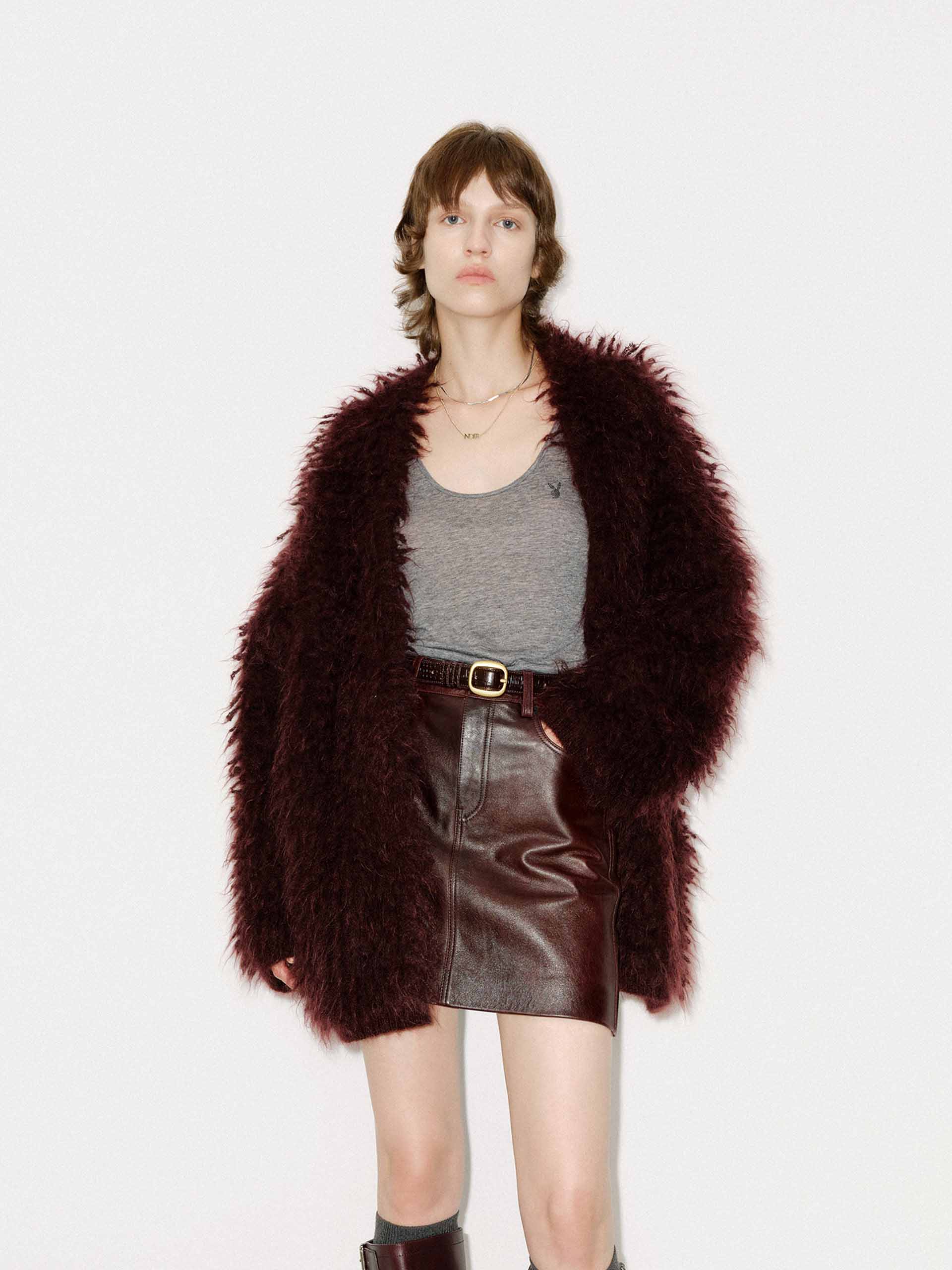 MO&Co. Women's Loose Fit Mohair Blend Fuzzy Long Sleeves Cardigan in Burgundy