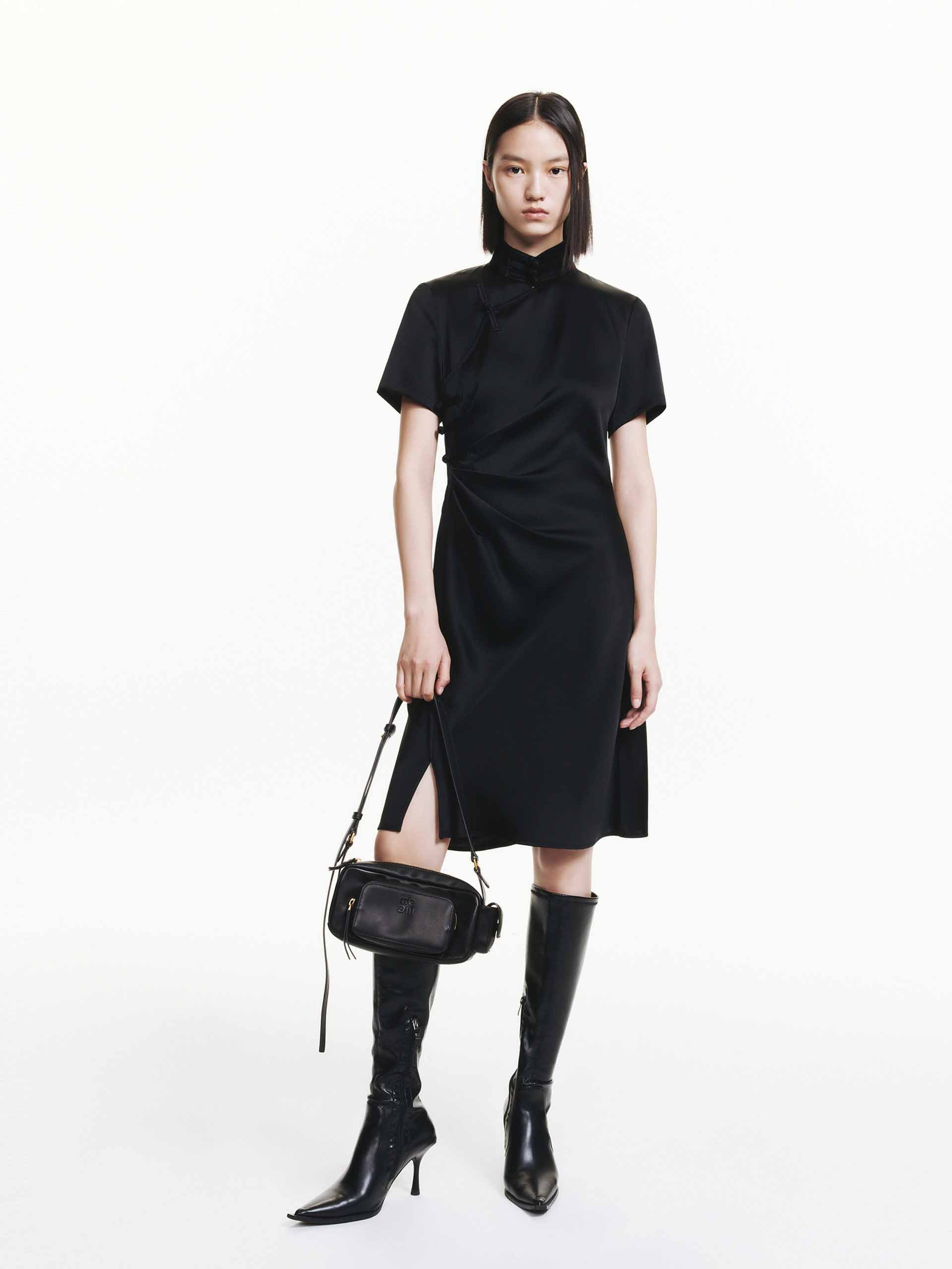 MO&Co. Women's Side Pleated Satin Neo-Chinese Style Mini Dress in Black