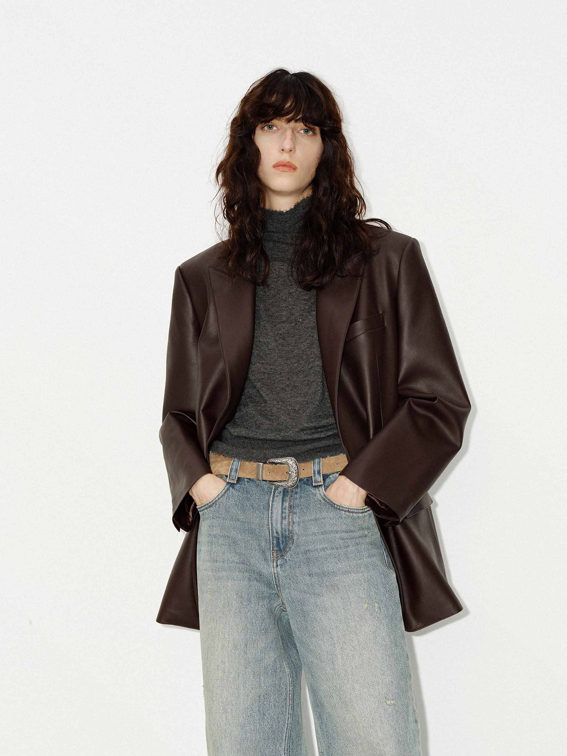 MO&Co. Women's Oversized Faux Leather Blazer with shoulder paddings in Brown