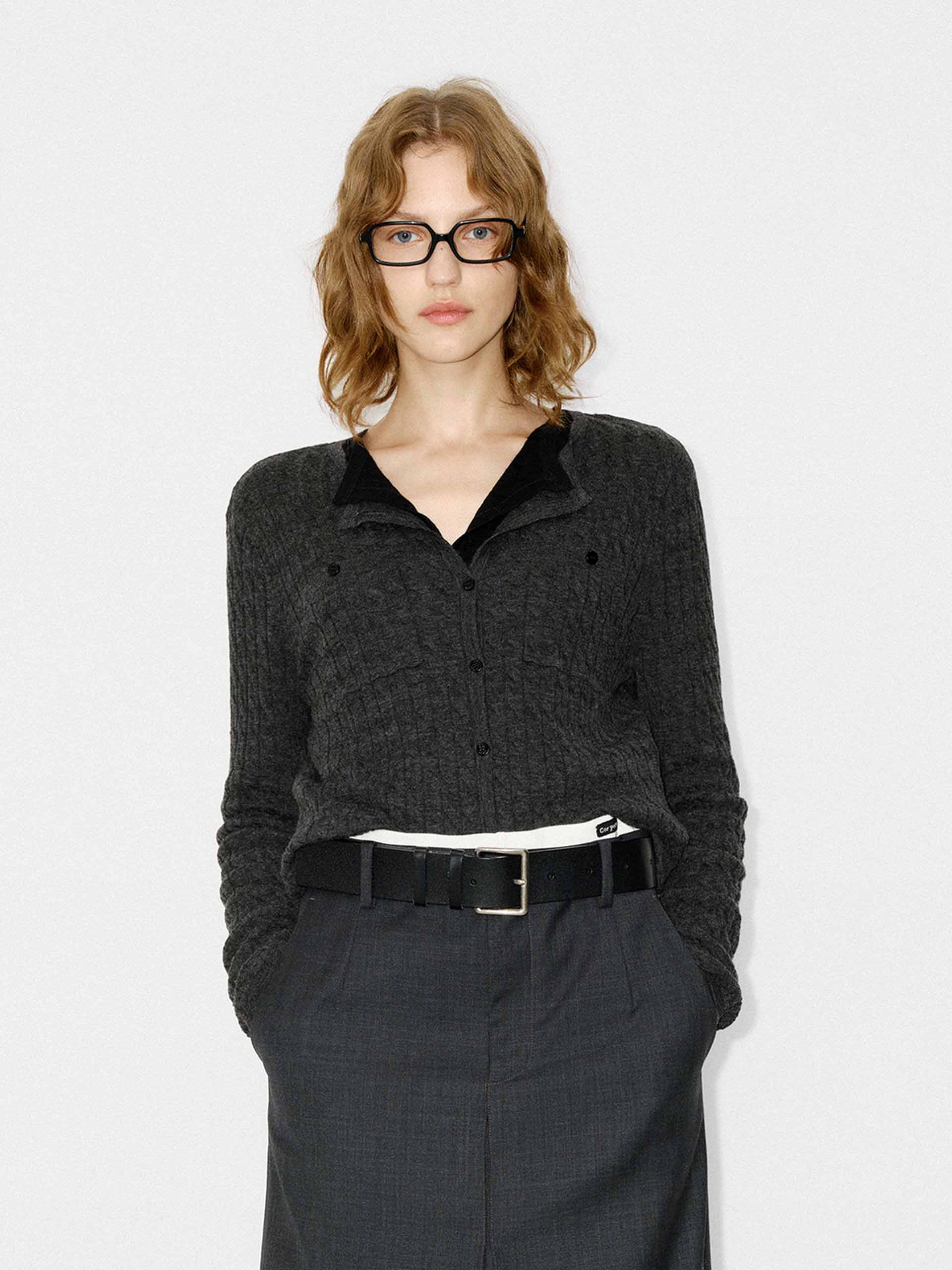 MO&Co. Women's Button Closure 100% Wool Cable Knit Fall Cardigan in Dark Grey