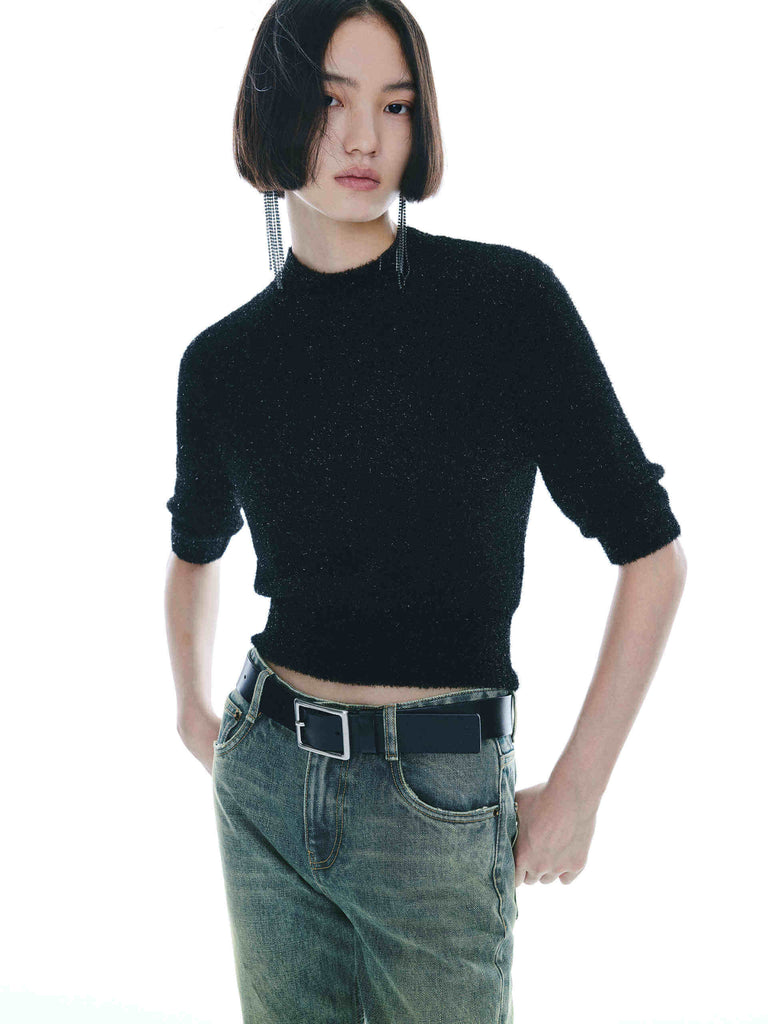 MO&Co. Noir Women's Ribbed Trim Short Sleeves Pullover Sweater in Black with Metallic Fiber