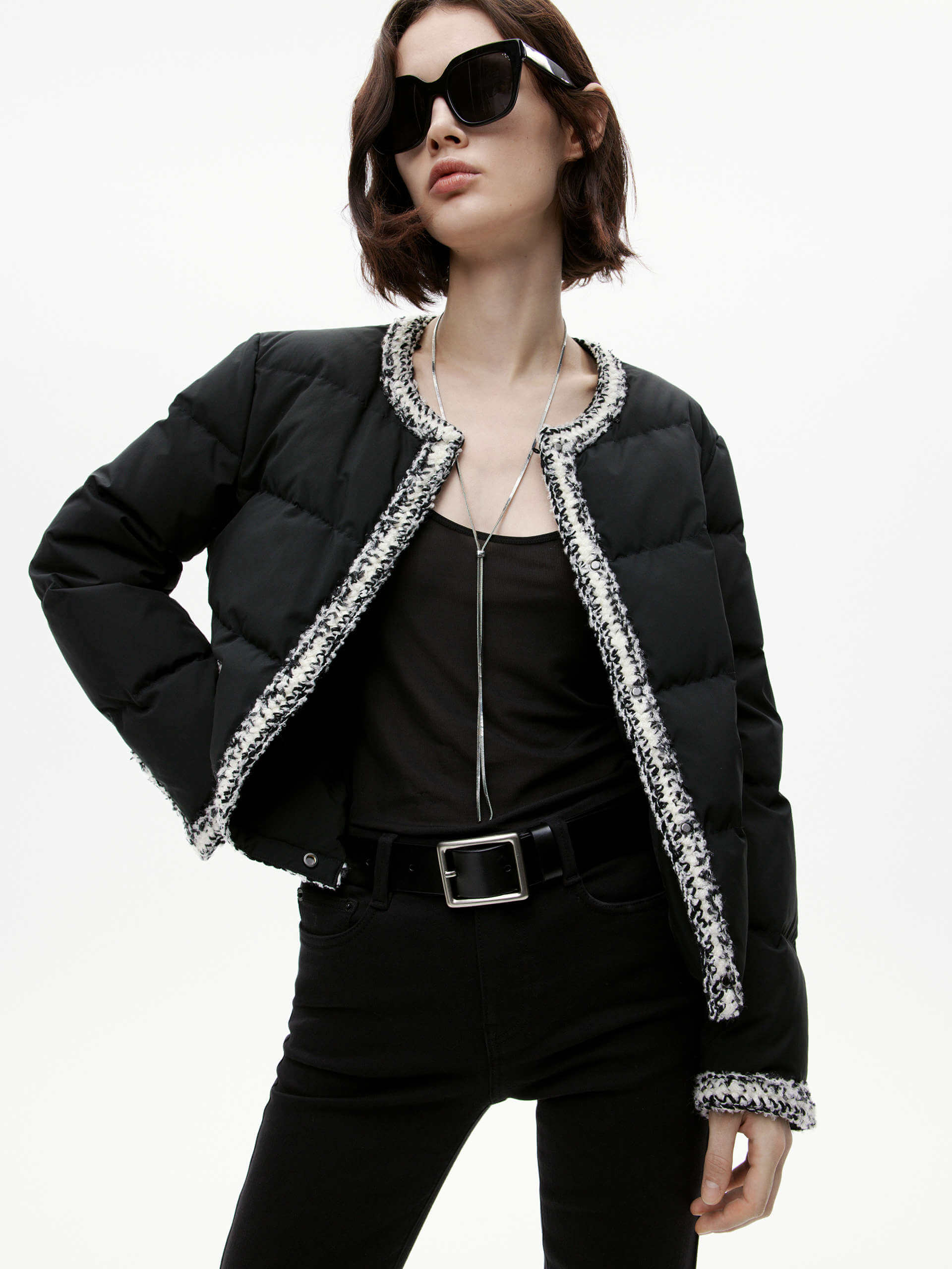 MO&Co. Women's Crochet Details Collarless Puffer Jacket in Black