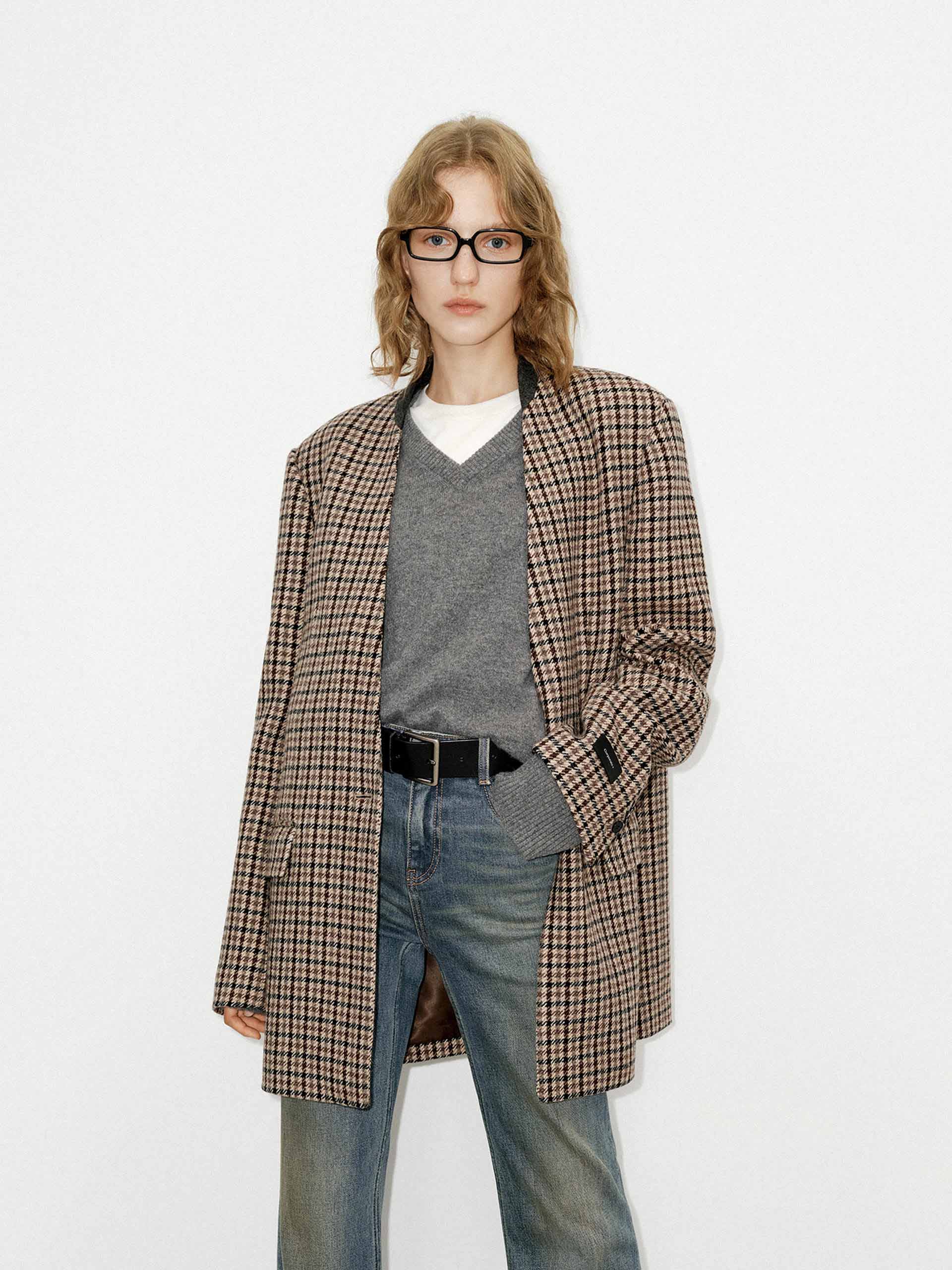 MO&Co. Women's Houndstooth 100% Wool Collarless Blazer