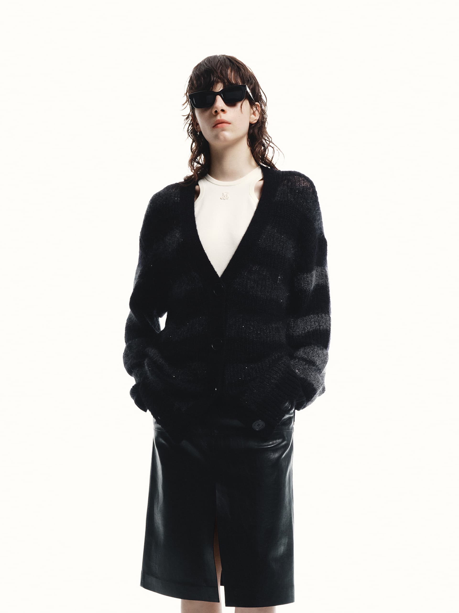 MO&Co. Women's Loose V-neck Distressed Sequin Detail Knit Cardigan