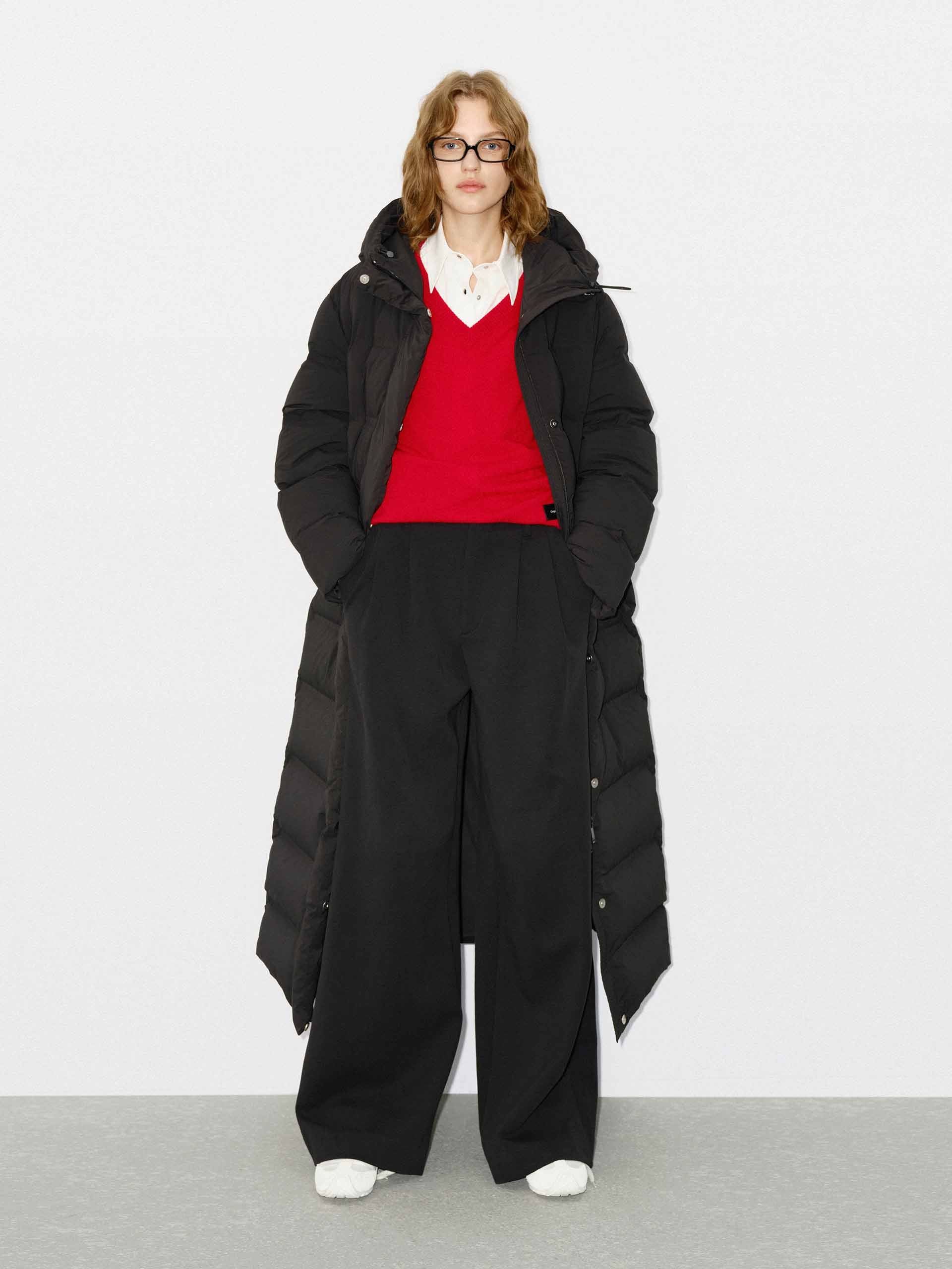 MO&Co. Women's Long Line Hood Quilted Shell Down Coat in Black for Winter