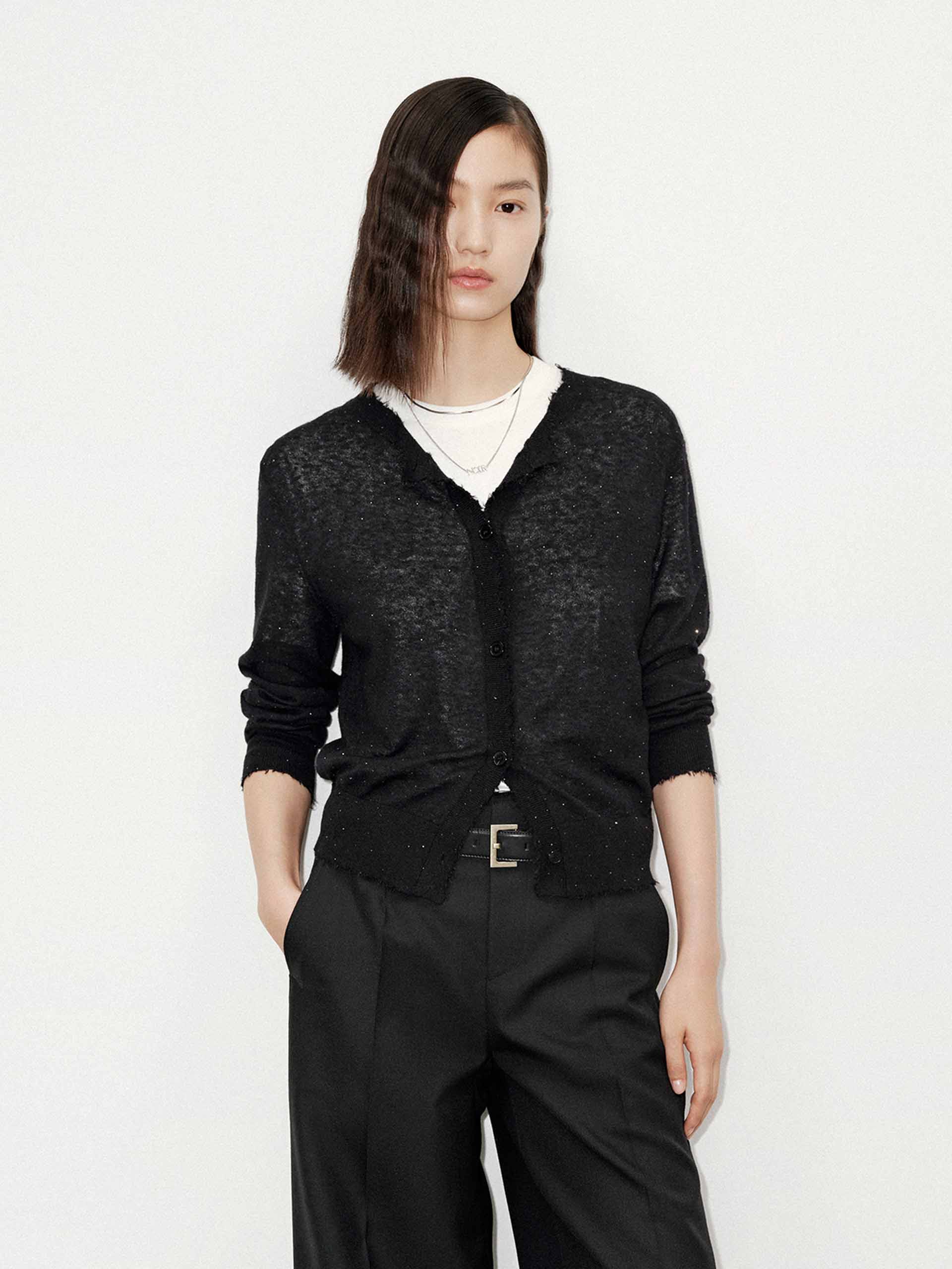 MO&Co. Women's Raw Trim Detail Alpaca fleece and Wool Blend Knit Cardigan in Black with Rhinestone Details