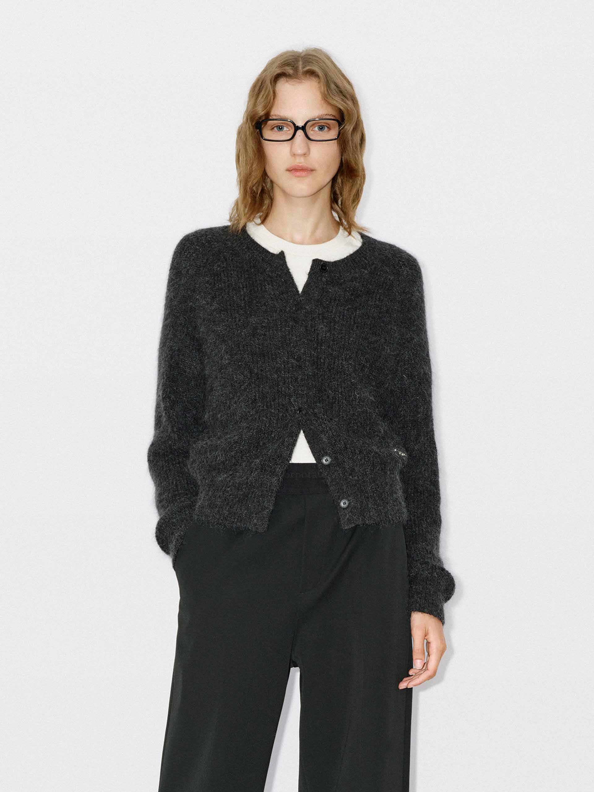 MO&Co. Women's Mohair Blend Fluffy Textured Regular Fit Knit Cardigan in Grey