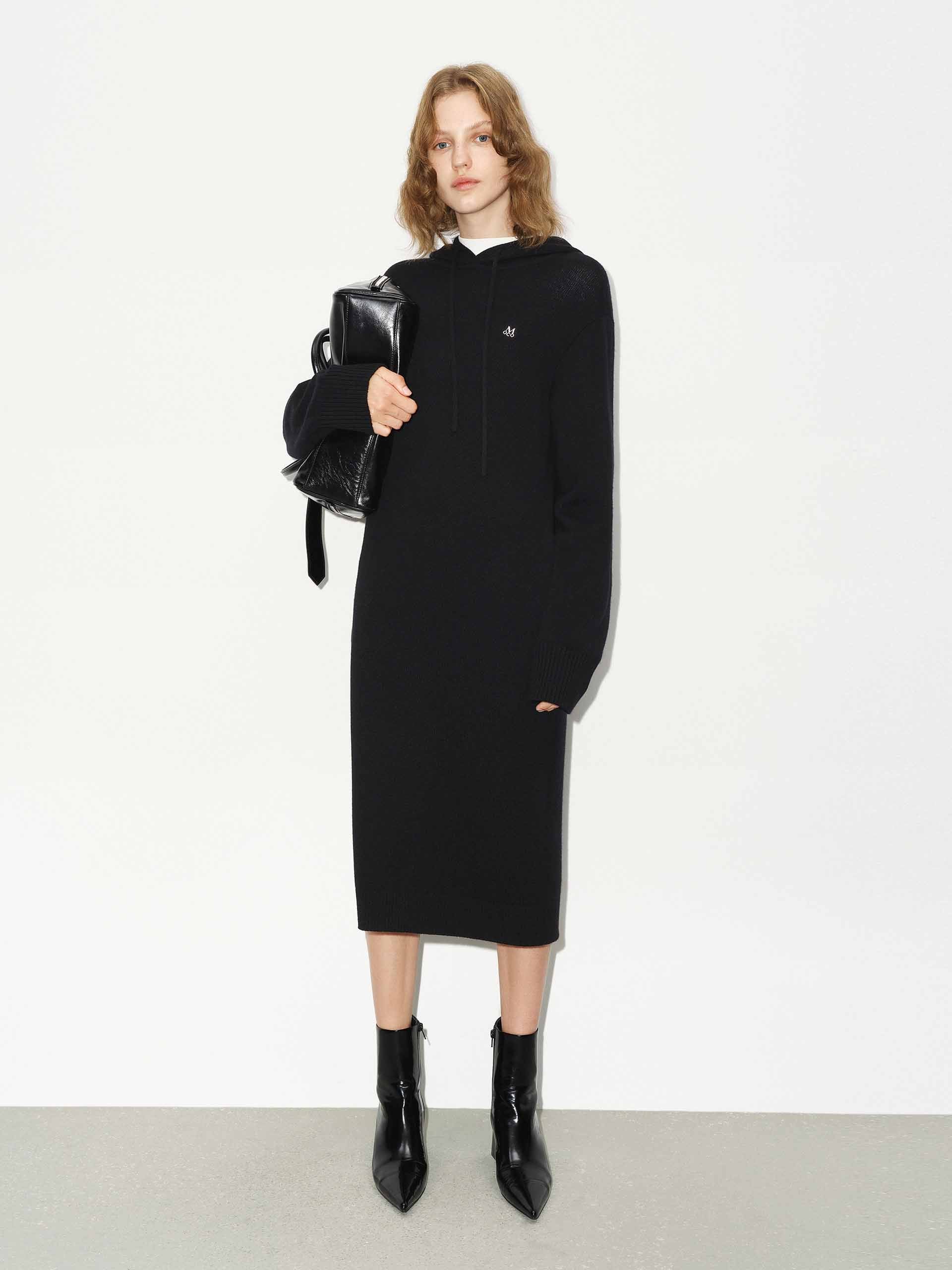 MO&Co. Women's Wool Cashmere Hooded Causal Midi Knit Dress in Black