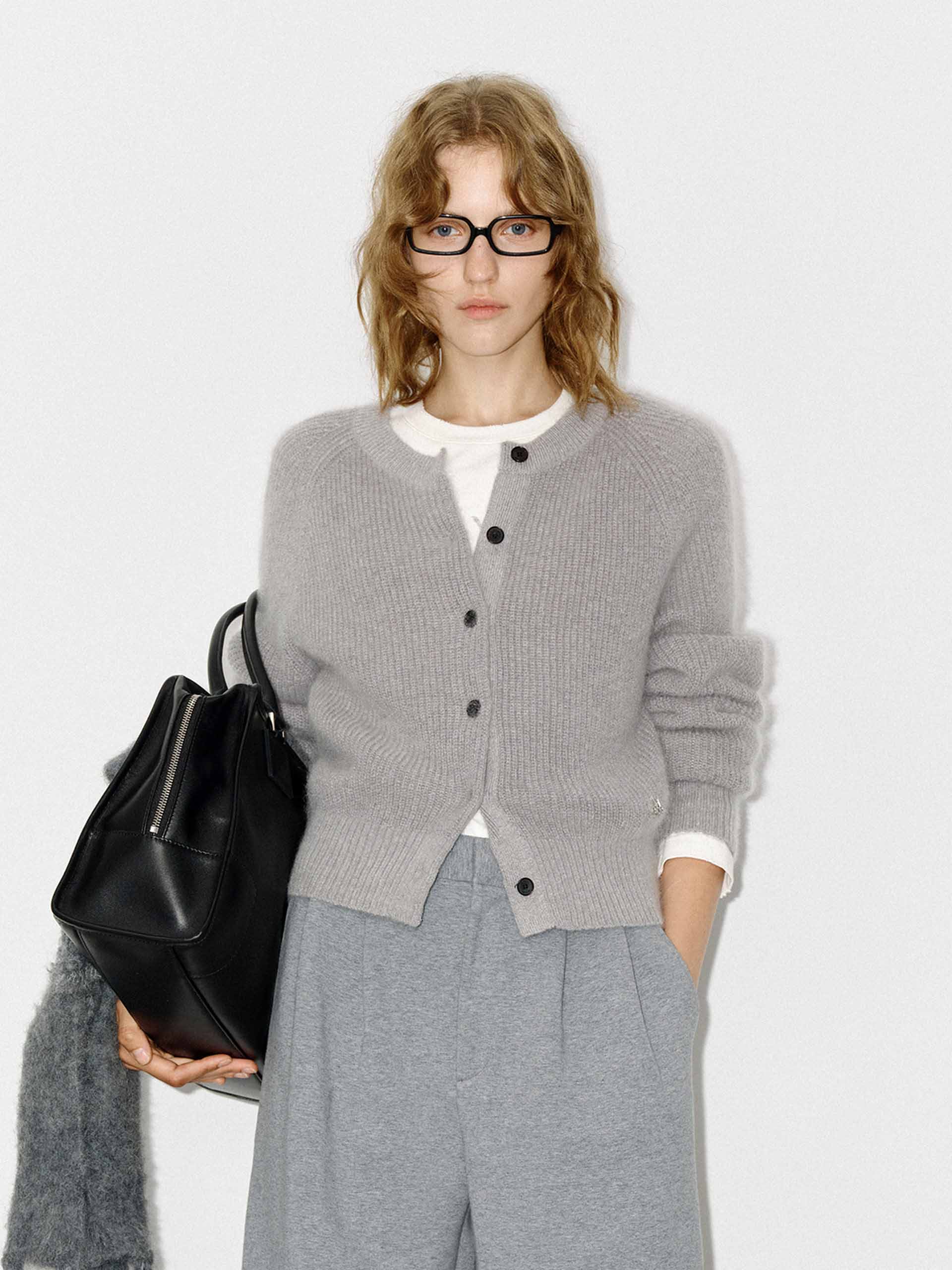 MO&Co. Women's Mohair Blend Fluffy Textured Regular Fit Knit Cardigan in Light Grey