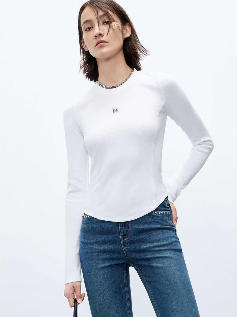 MO&Co. Women's White Tight Fit Crew Neck Long Sleeve Top in Cotton Blend
