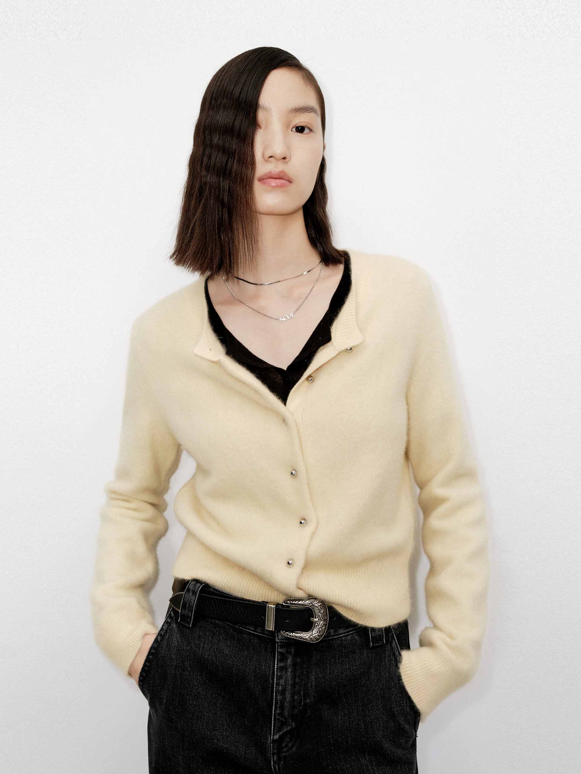 MO&Co. Women's Wool Blend Button Down Crew Neck Fluffy Cardigan in Yellow