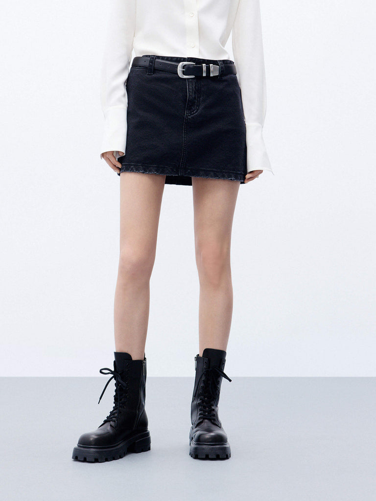 MO&Co. Women's Black A-line silhouette Cotton Denim Mini Skirt