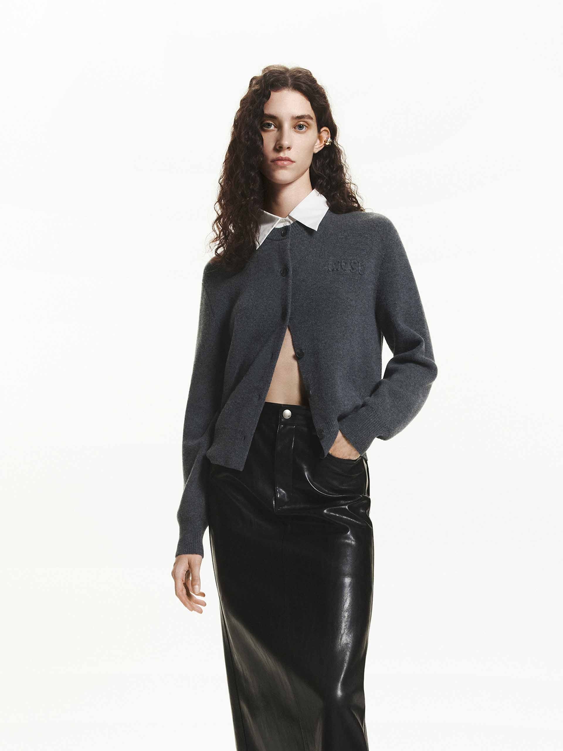 MO&Co. Women's Wool Cashmere Cardigan in Grey with Contrast Shirt Collar