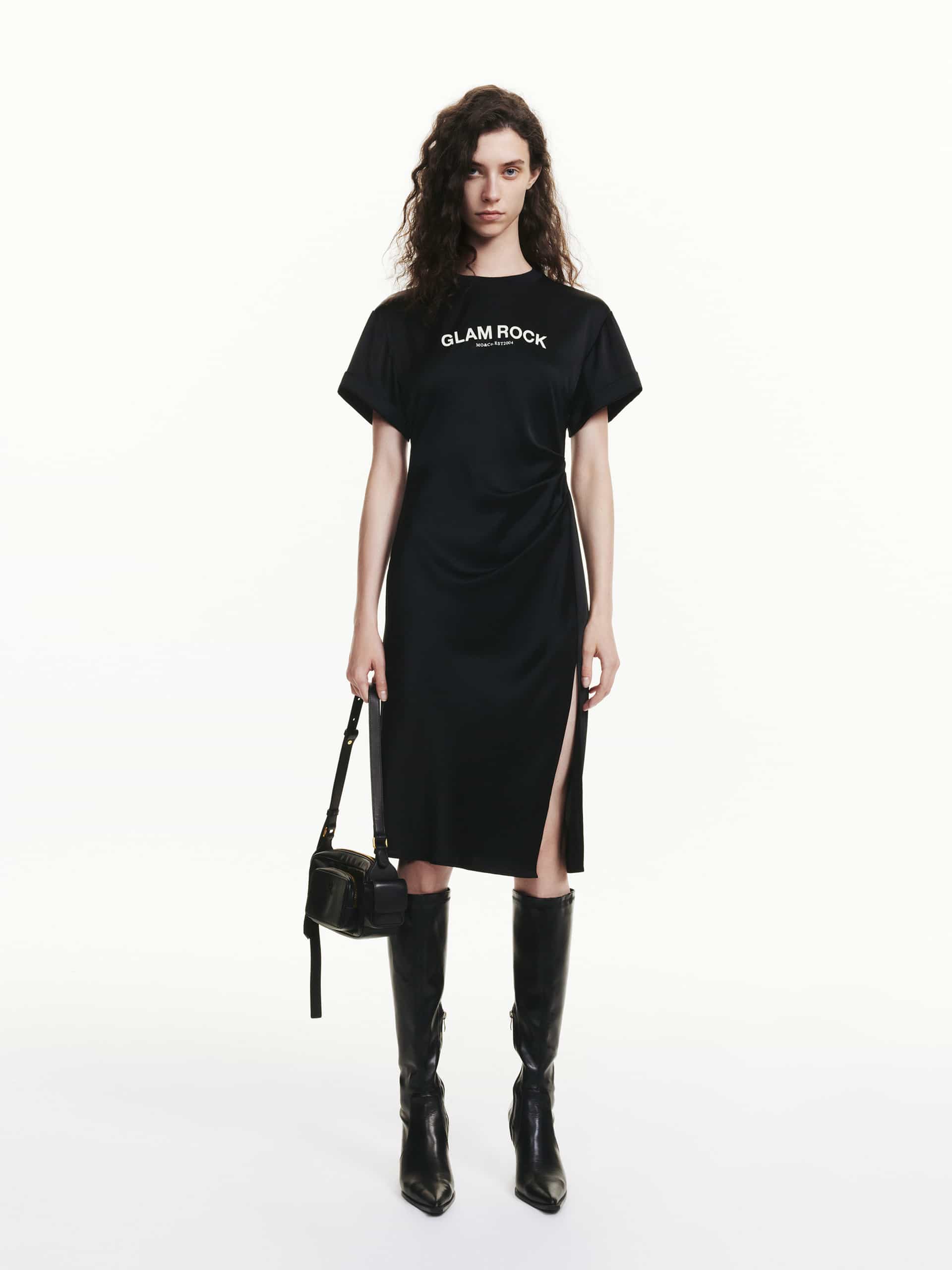 MO&Co. Women's Side Slit Pleated Acetate Blend Midi Dress with Slogan Print