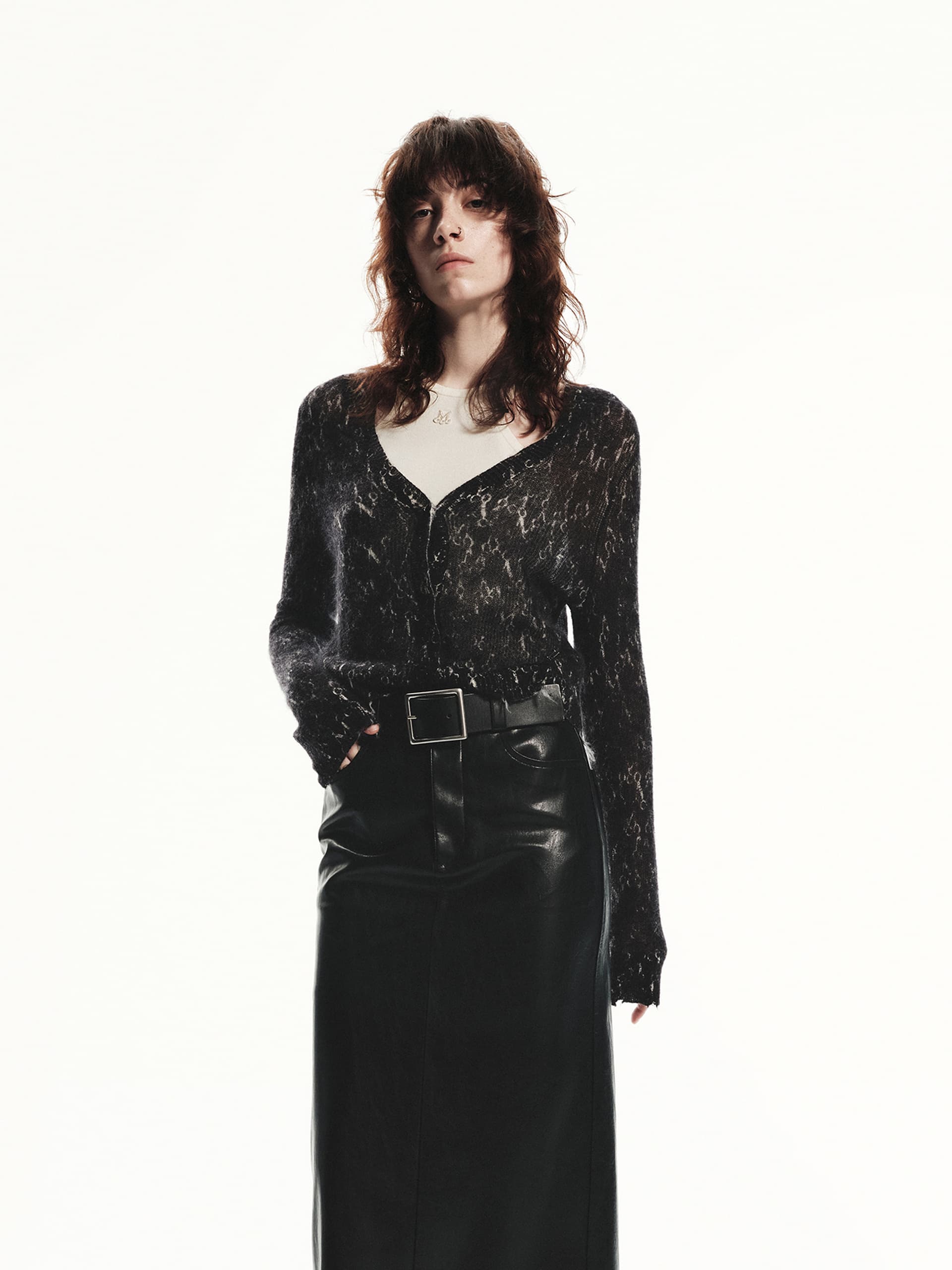 MO&Co. Women's Monogram V-neck Mohair Blend Fitted Knit Cardigan